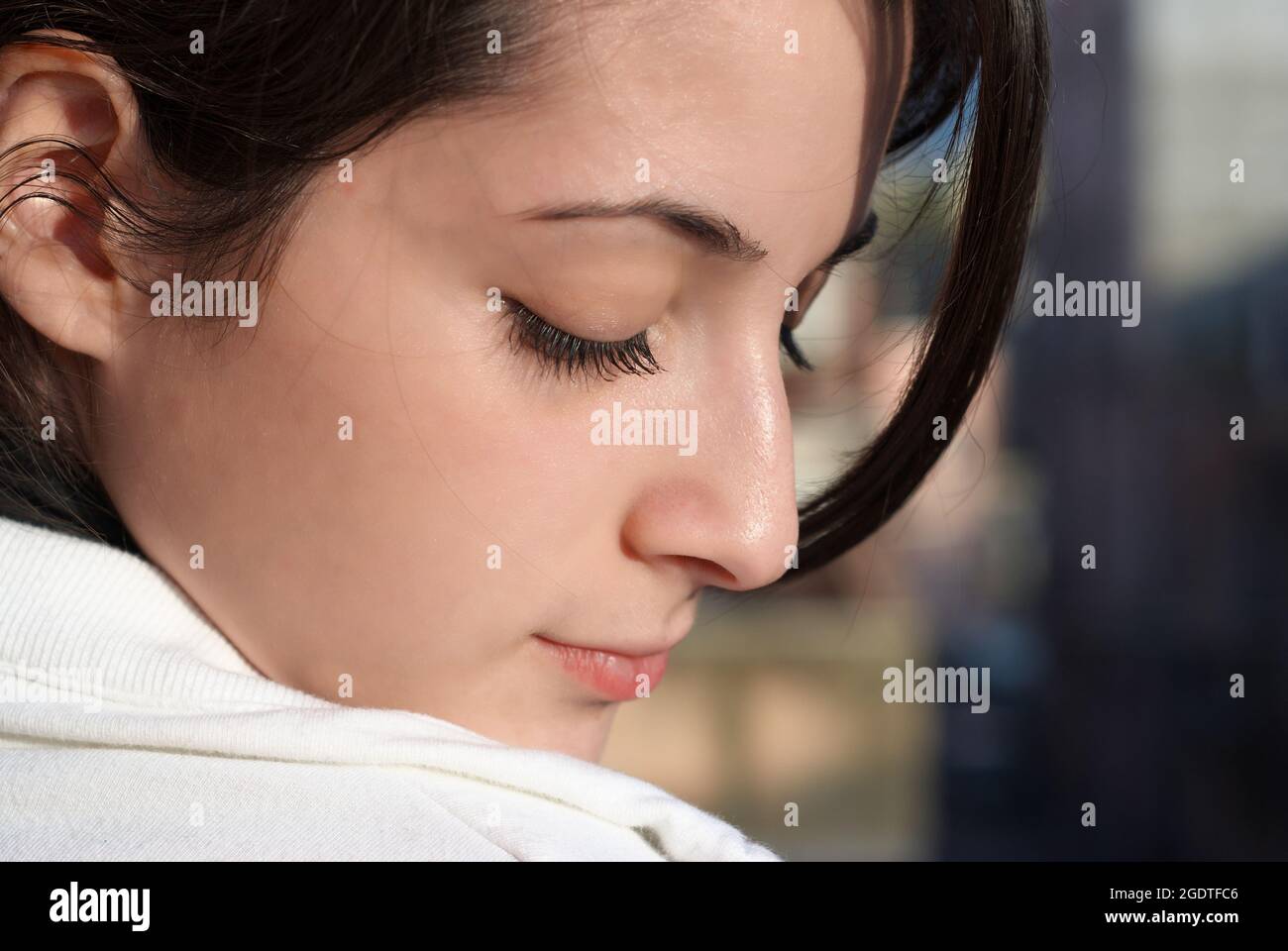 close up portrait of girl face profile photo with close eyes Stock Photo