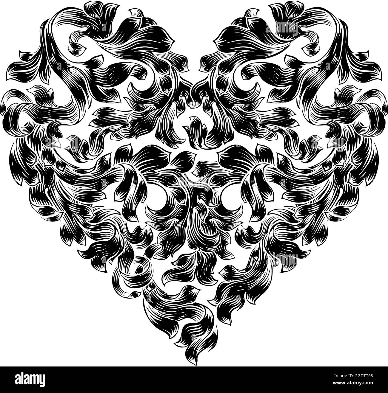Heart Love Floral Woodcut Engraved Etching Stock Vector