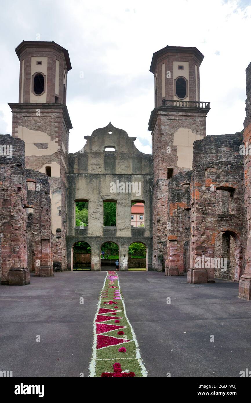 Frauenalb, Germany: Monastery ruins with floral decorations for Feast of Corpus Christi procession Stock Photo