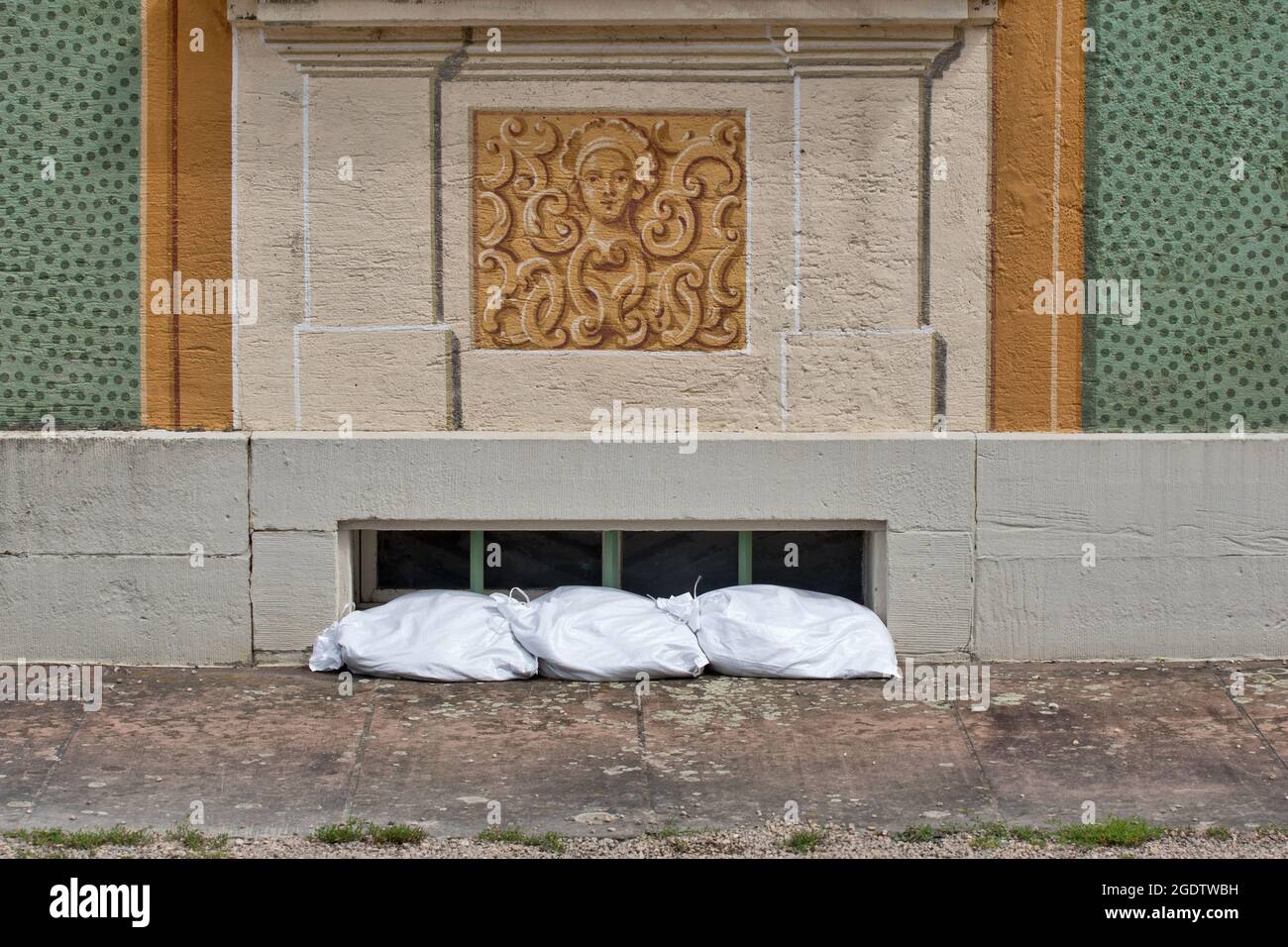 Bruchsal, Germany, August 4th 2021: Bruchsal Castle was the residence of the Prince-Bishops of Speyer. Sandbags to protect against floods Stock Photo