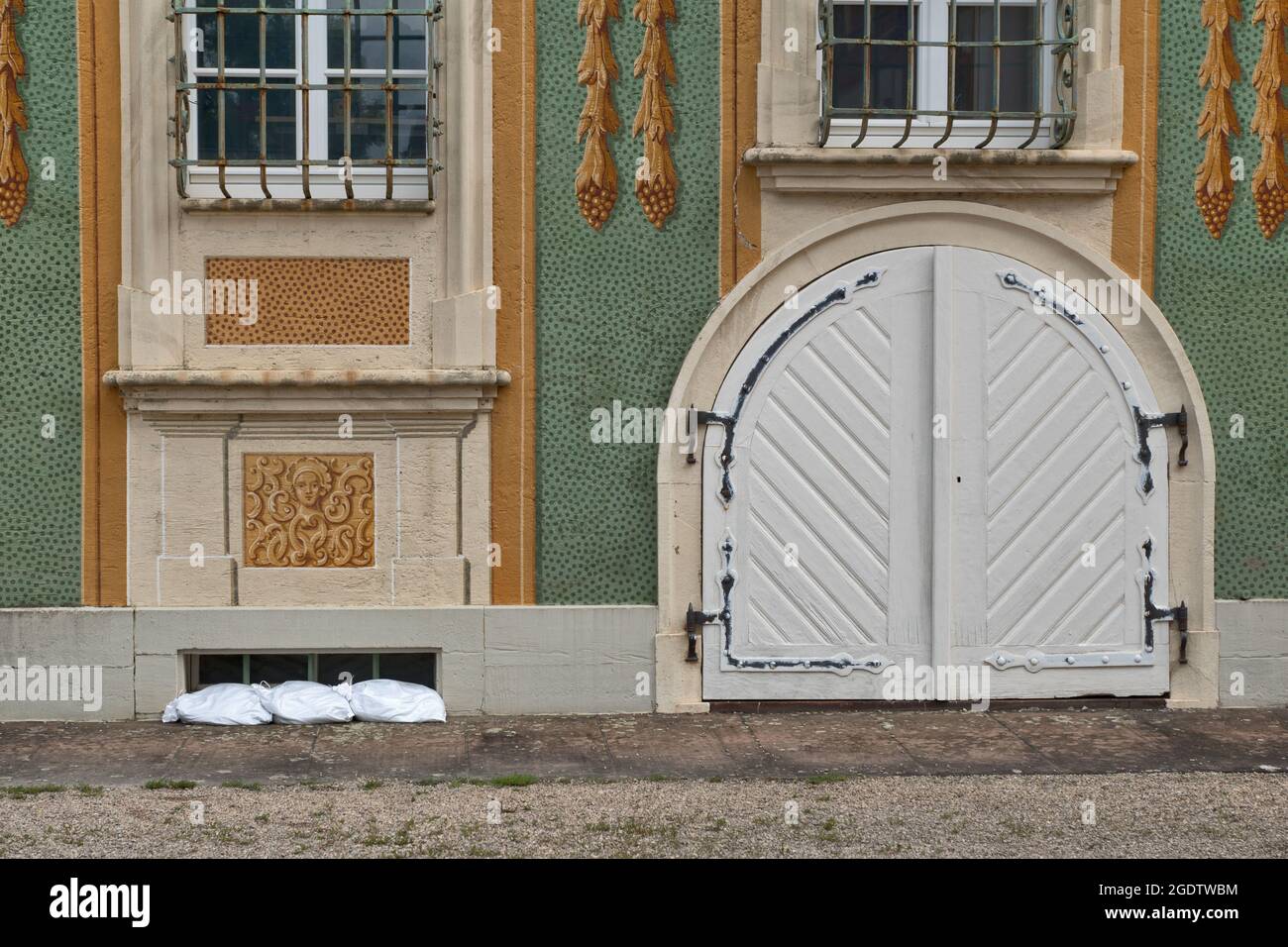 Bruchsal, Germany, August 4th 2021: Bruchsal Castle was the residence of the Prince-Bishops of Speyer. Sandbags to protect against floods Stock Photo