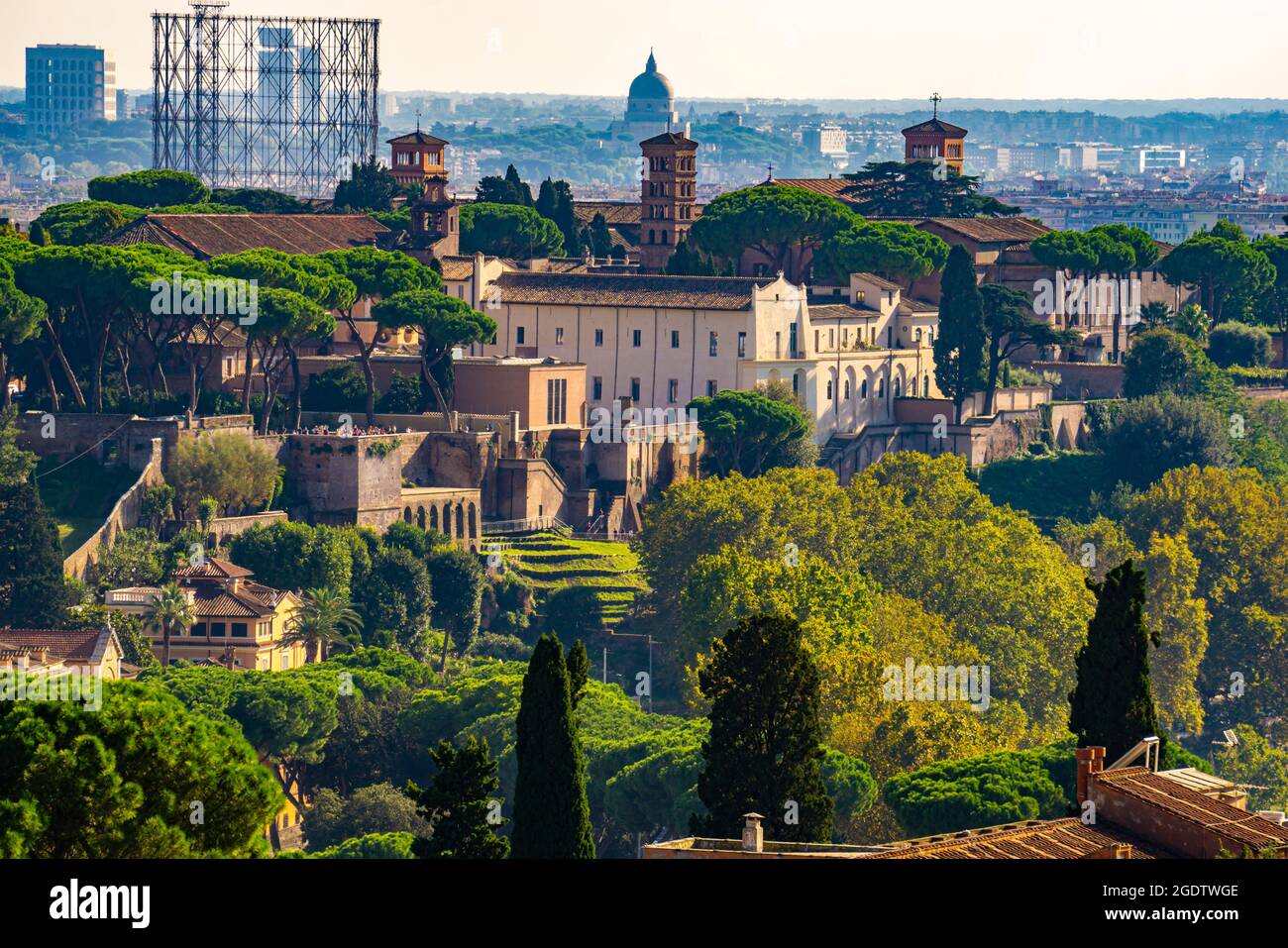 Distant view at the Basilica Santi Bonifacio e Alessio on Aventine hill ...