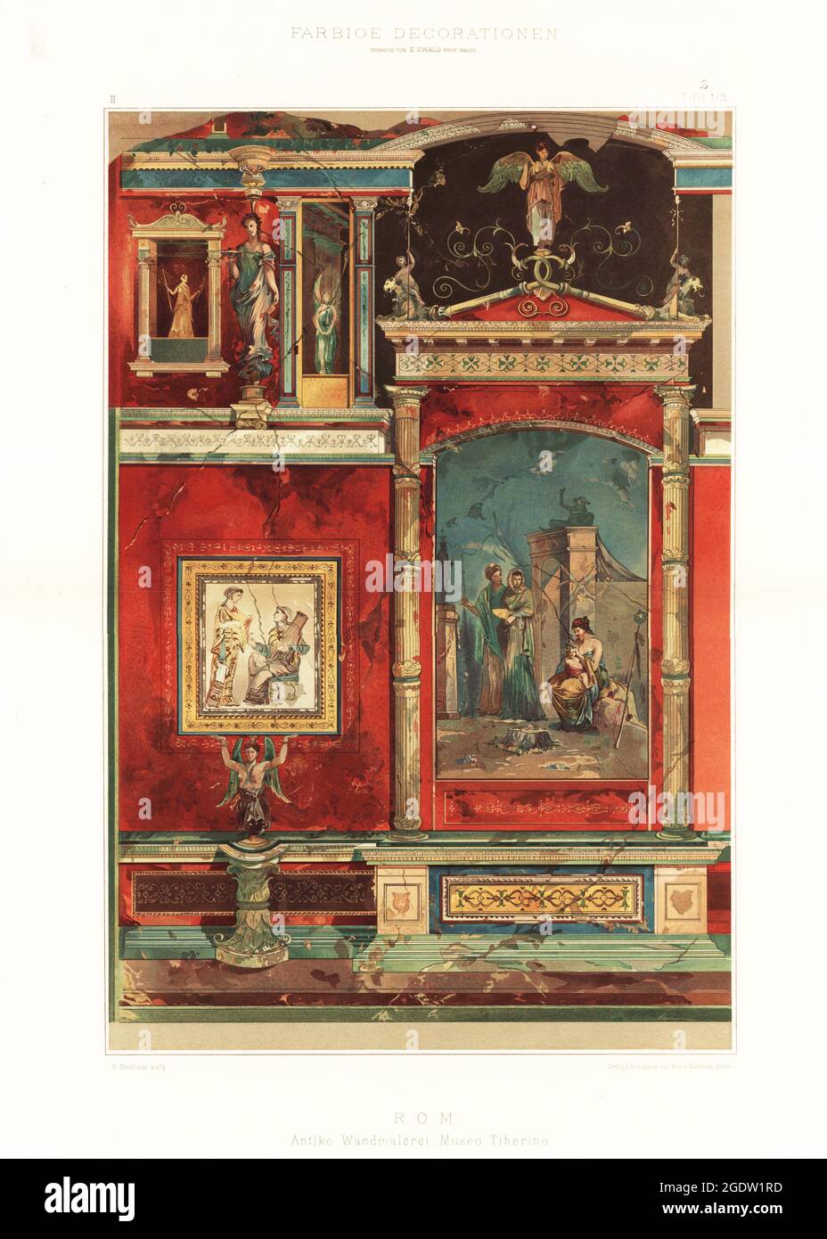Antique wall painting in the Tiberine Museum, Rome. Now the National Roman Museum, Museo Nazionale Romano. Museo Antike Wandmaleeri, Museo Tiberino, Rom. Chromolithograph by G. Neuhaus from Ernst Ewald’s Farbige decorationen, alter und never Zeit (Color decoration, ancient and new eras), Ernst Wasmuth, Berlin, 1896. Stock Photo