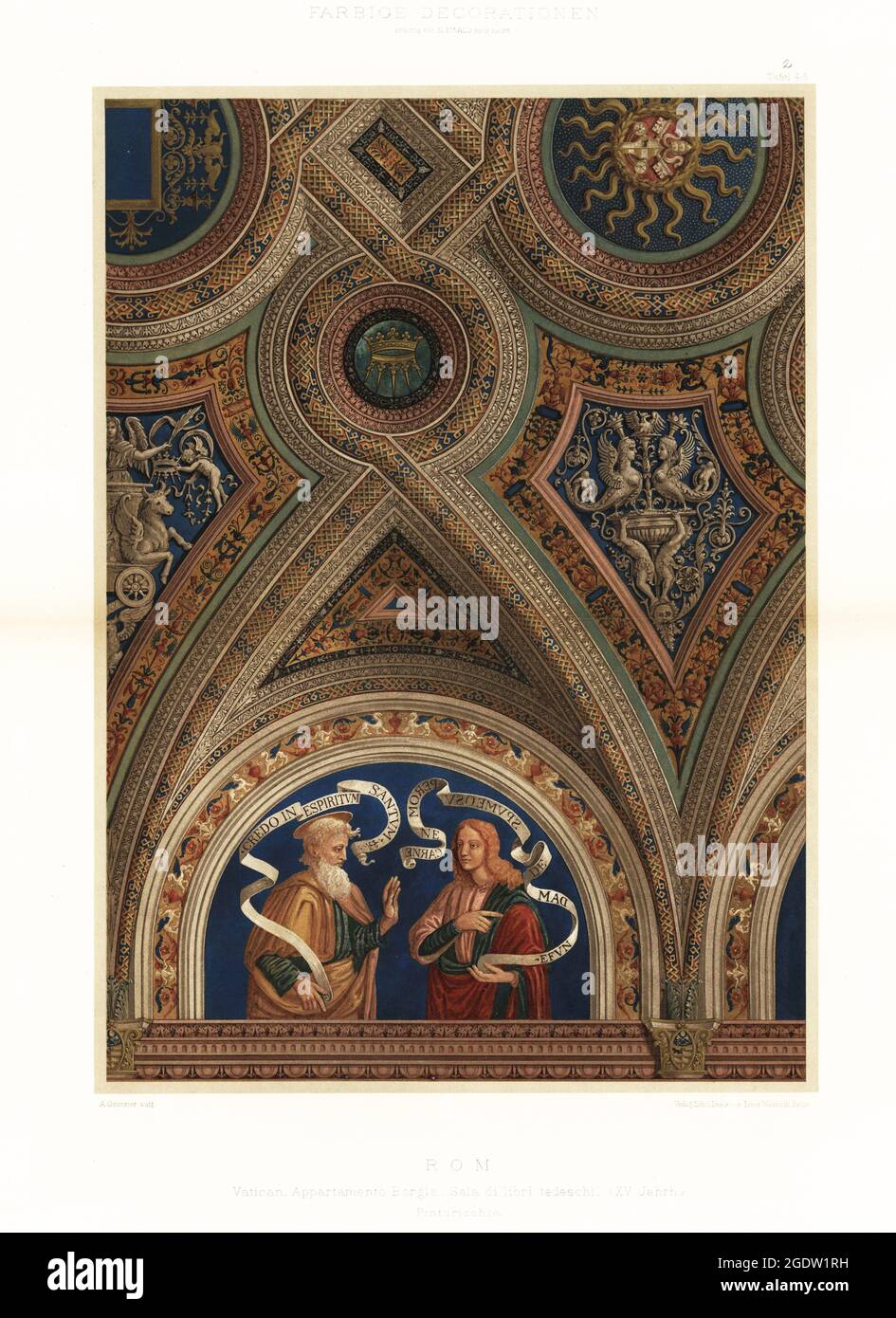 Ceiling in the hall of German books, Vatican Library, Rome, 15th century. Frescos by Pinturicchio or Bernardino di Betto in the Borgia Apartments, a suite of rooms in the Apostolic Palace. Sala di libri tedeschi, Vatican Appartamento Borgia, Rom, XV Jahrh.. Chromolithograph by A. Grimmer after from Ernst Ewald’s Farbige decorationen, alter und never Zeit (Color decoration, ancient and new eras), Ernst Wasmuth, Berlin, 1896. Stock Photo