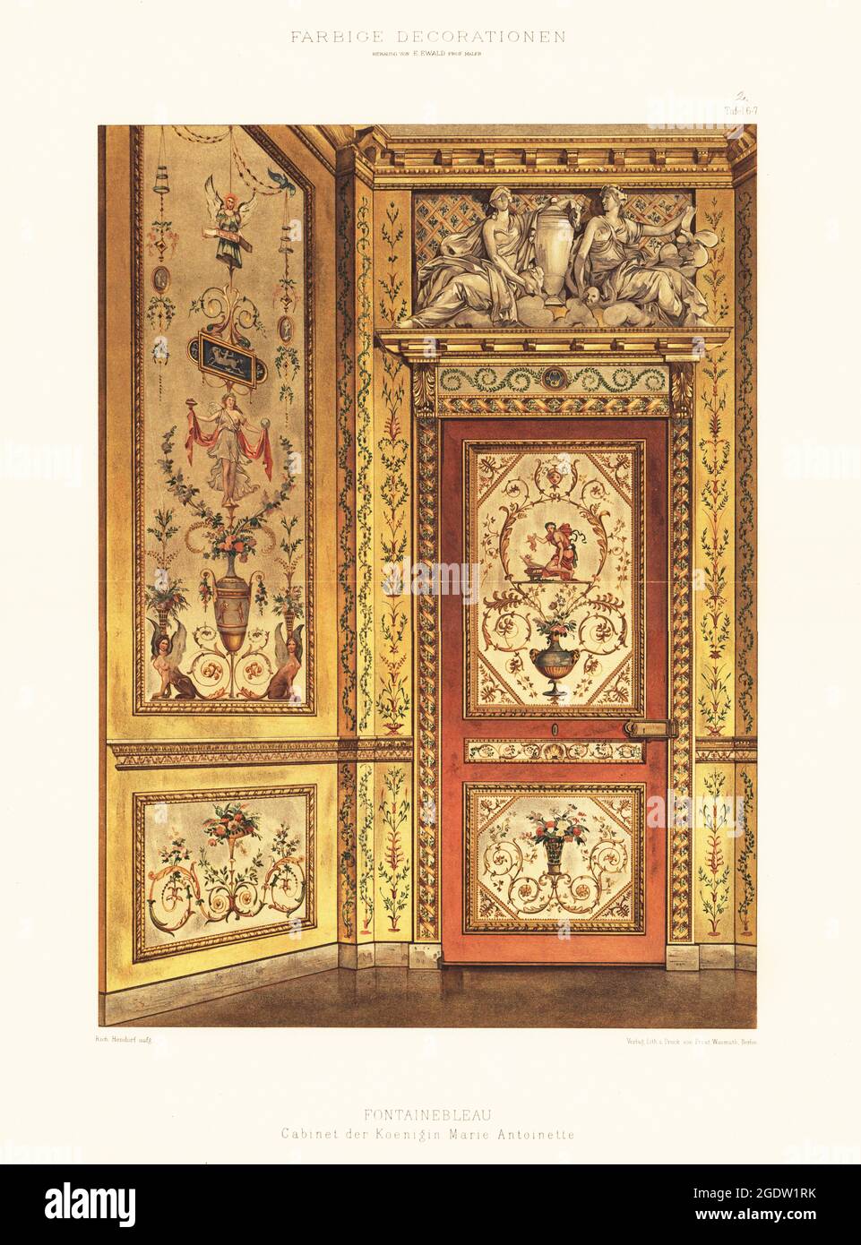 Wall panels and door in Queen Marie Antoinette's room, Palace of Fontainebleau, 18th century. Cabinet der Koeingin Marie Antoinette, Chateau de Fontainebleau. Chromolithograph by Richard Hendorf from Ernst Ewald’s Farbige decorationen, alter und never Zeit (Color decoration, ancient and new eras), Ernst Wasmuth, Berlin, 1896. Stock Photo