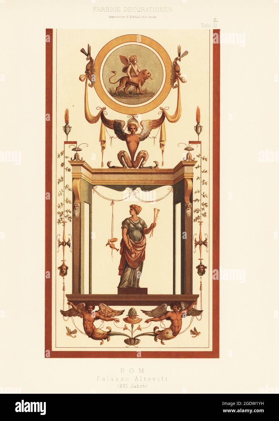 Wall painting in the Altoviti Palace, Rome, 16th century. Palazzo Altoviti, Rom, XVI Jahrh. Chromolithograph from Ernst Ewald’s Farbige decorationen, alter und never Zeit (Color decoration, ancient and new eras), Ernst Wasmuth, Berlin, 1889. Stock Photo