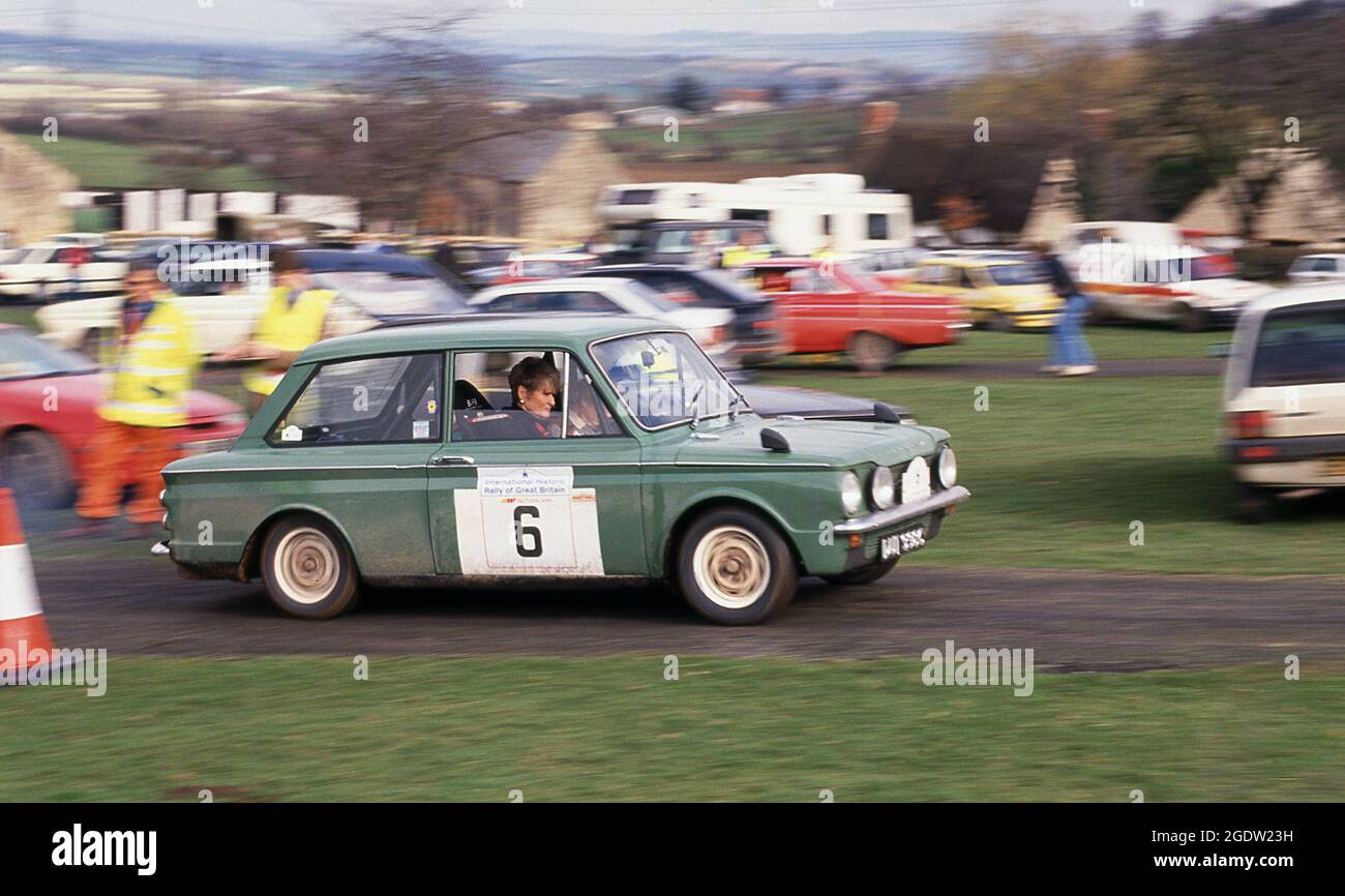 Rosemary Smith driving a Hillman Imp on the RAC International Historic Rally of Great Britain 1991 Stock Photo