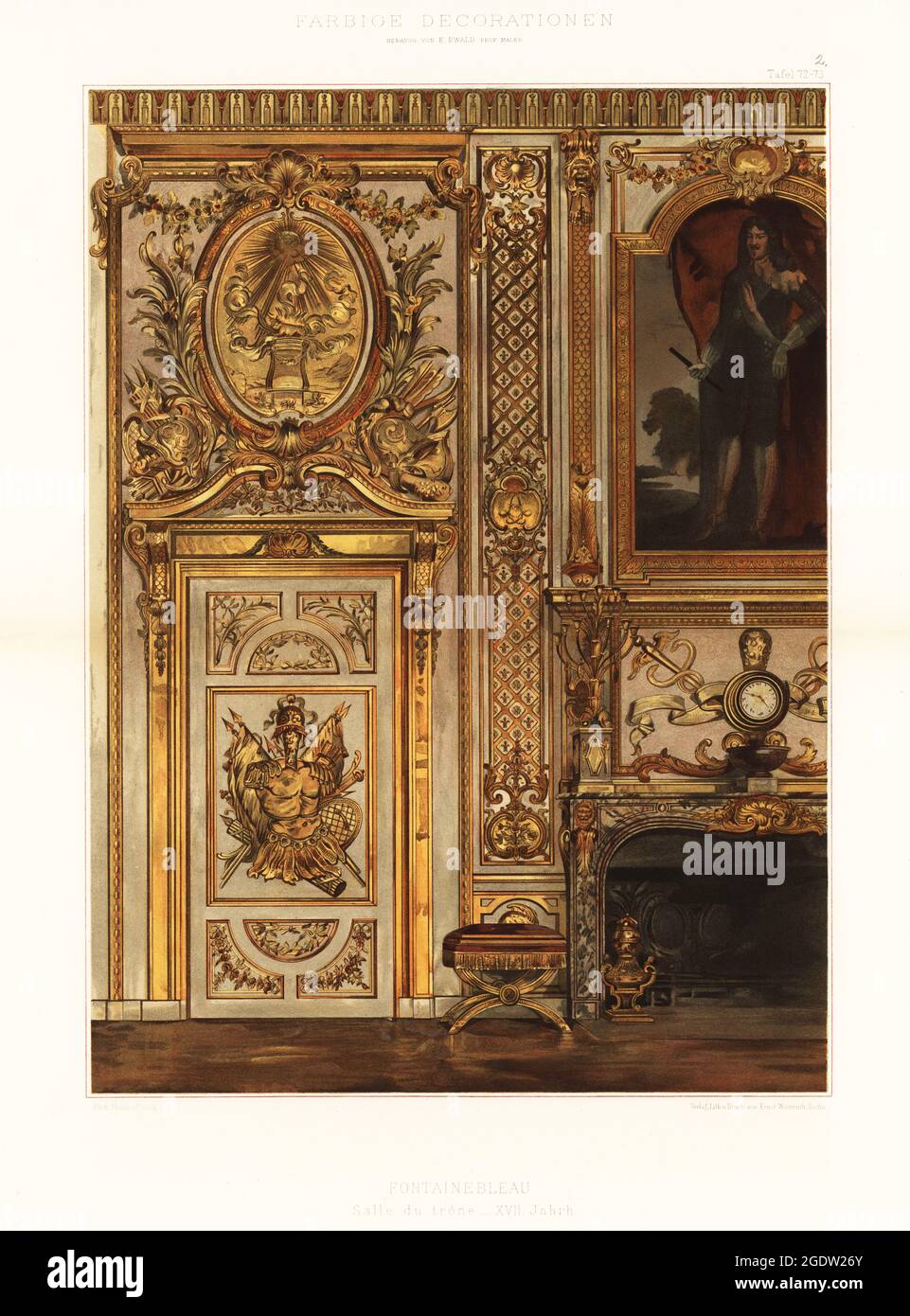 Throne room in the Palace of Fontainebleau, 17th century. Salle du trone, Chateau de Fontainebleau, XVII Jahrh. Chromolithograph by Richard Hendorf from Ernst Ewald’s Farbige decorationen, alter und never Zeit (Color decoration, ancient and new eras), Ernst Wasmuth, Berlin, 1889. Stock Photo