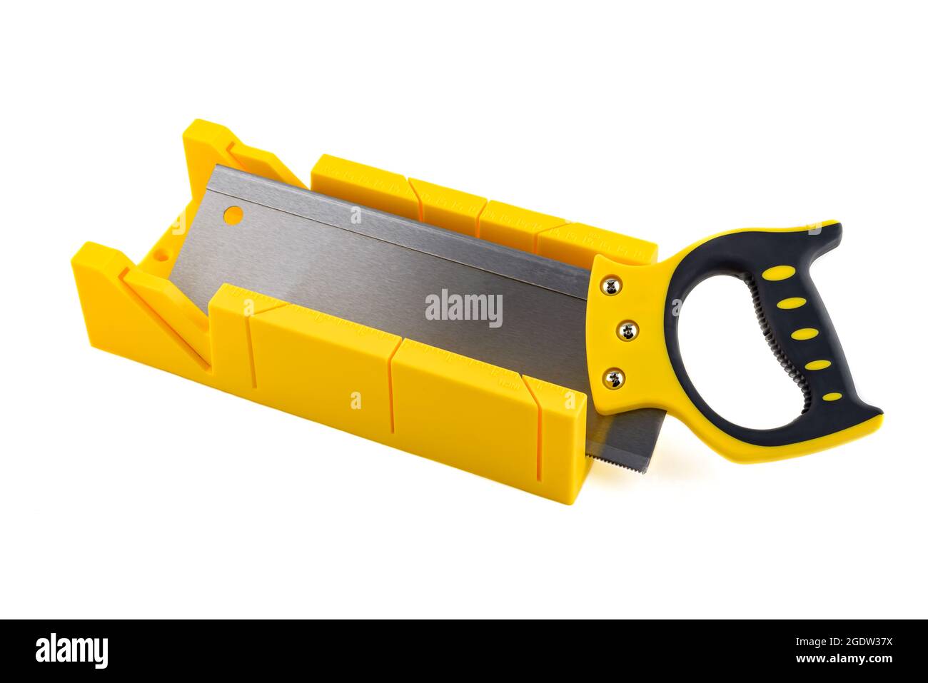 Construction tool - miter saw with miter box isolated on a white background. Stock Photo