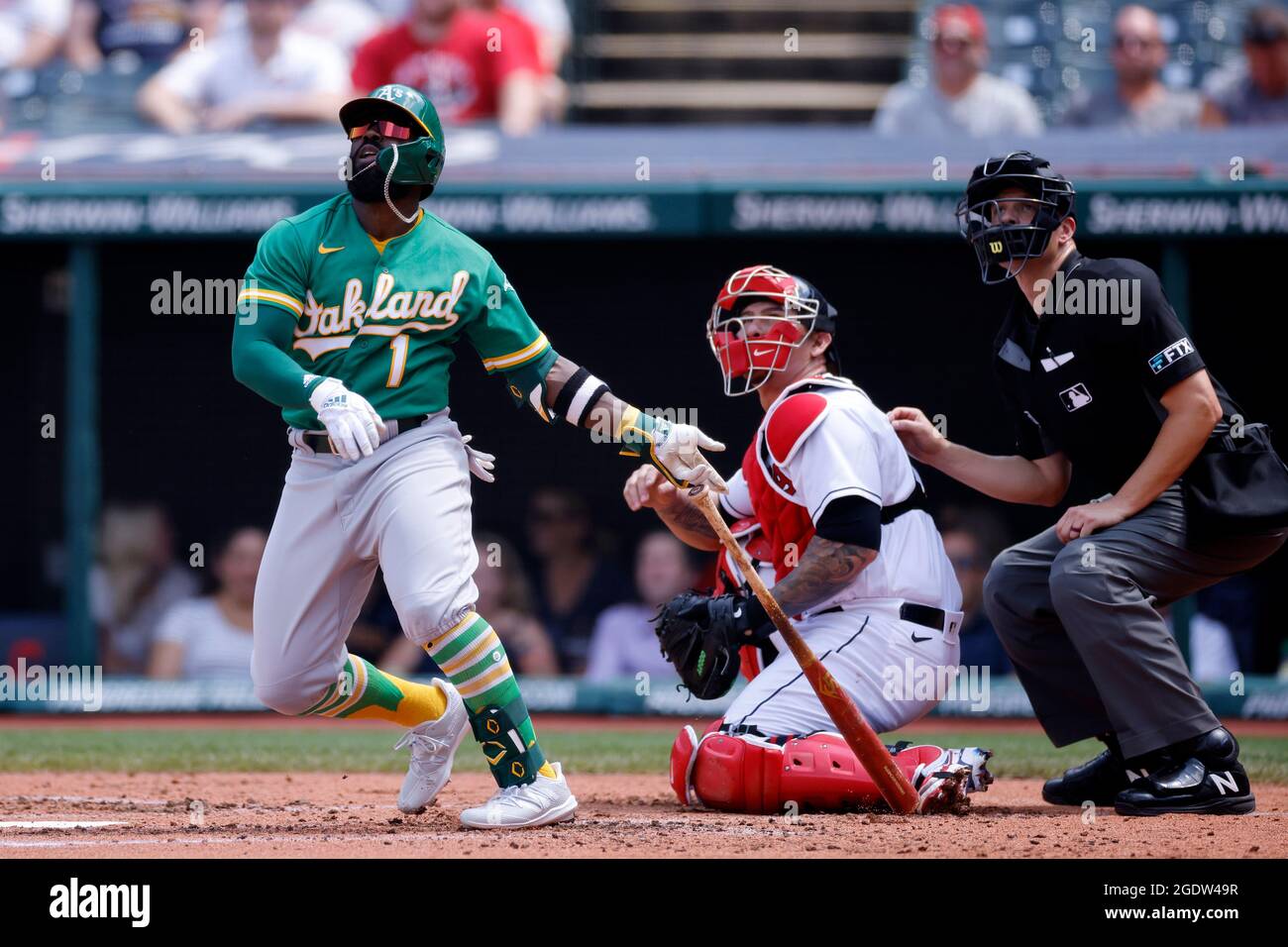 CLEVELAND, OH - AUGUST 12: Josh Harrison (1) of the Oakland A's bats during a game against the Cleveland Indians at Progressive Field on August 12, 20 Stock Photo