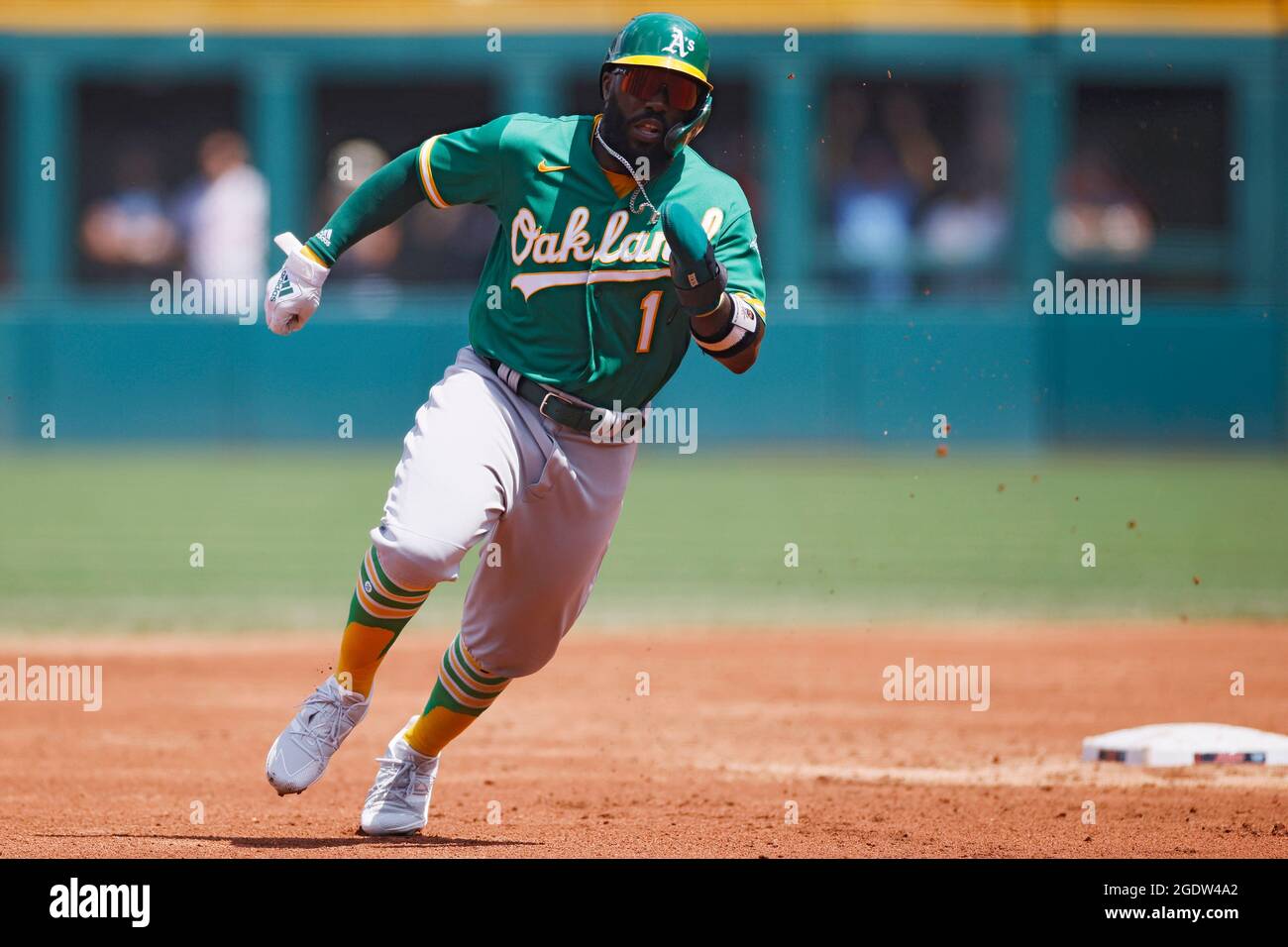 CLEVELAND, OH - AUGUST 12: Josh Harrison (1) of the Oakland A's runs the bases during a game against the Cleveland Indians at Progressive Field on Aug Stock Photo
