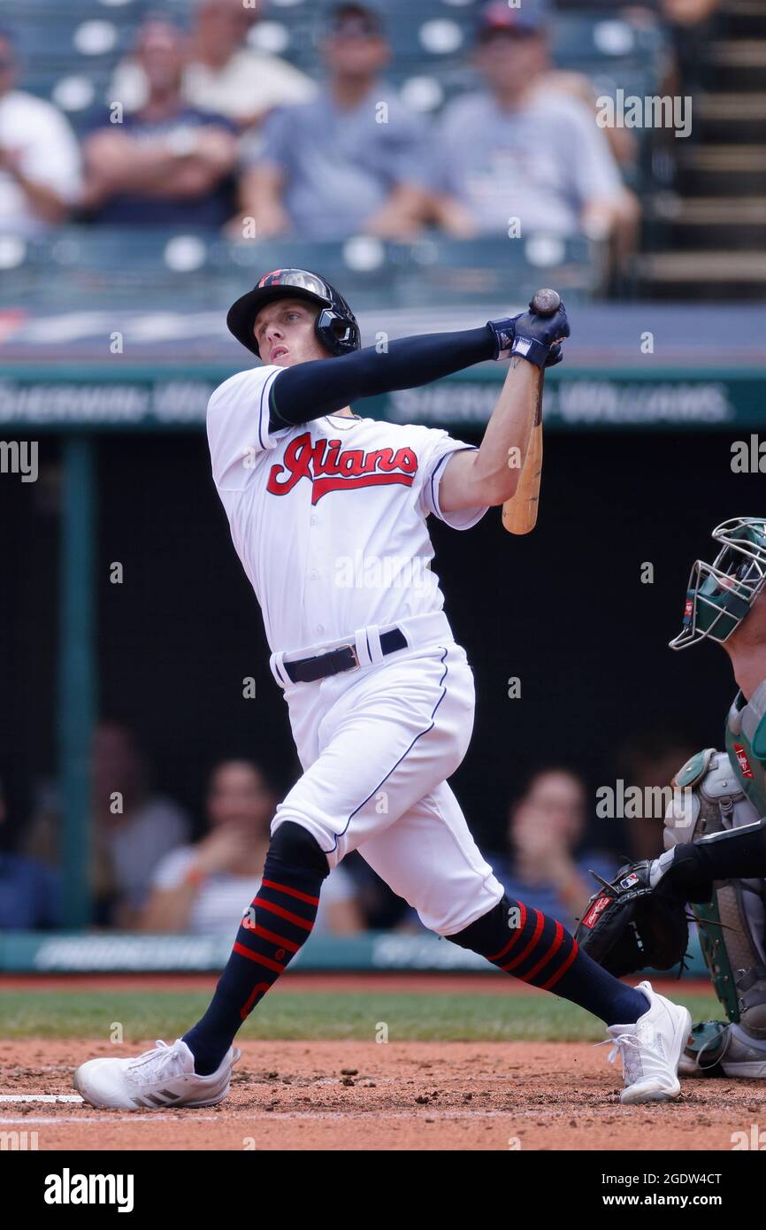 CLEVELAND, OH - AUGUST 12: Myles Straw (7) of the Cleveland Indians bats during a game against the Oakland A's at Progressive Field on August 12, 2021 Stock Photo