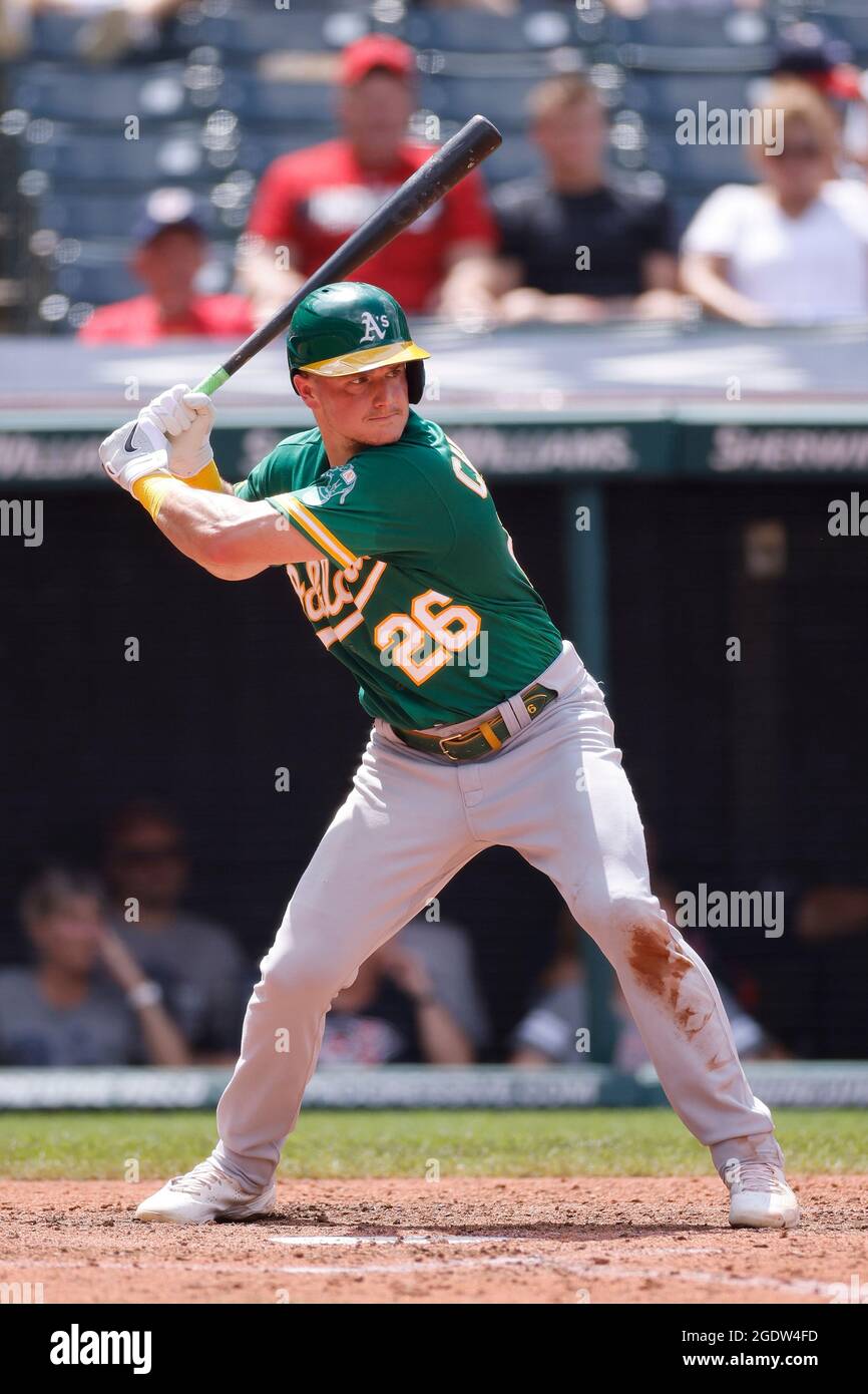 CLEVELAND, OH - AUGUST 12: Matt Chapman (26) of the Oakland A's bats during a game against the Cleveland Indians at Progressive Field on August 12, 20 Stock Photo