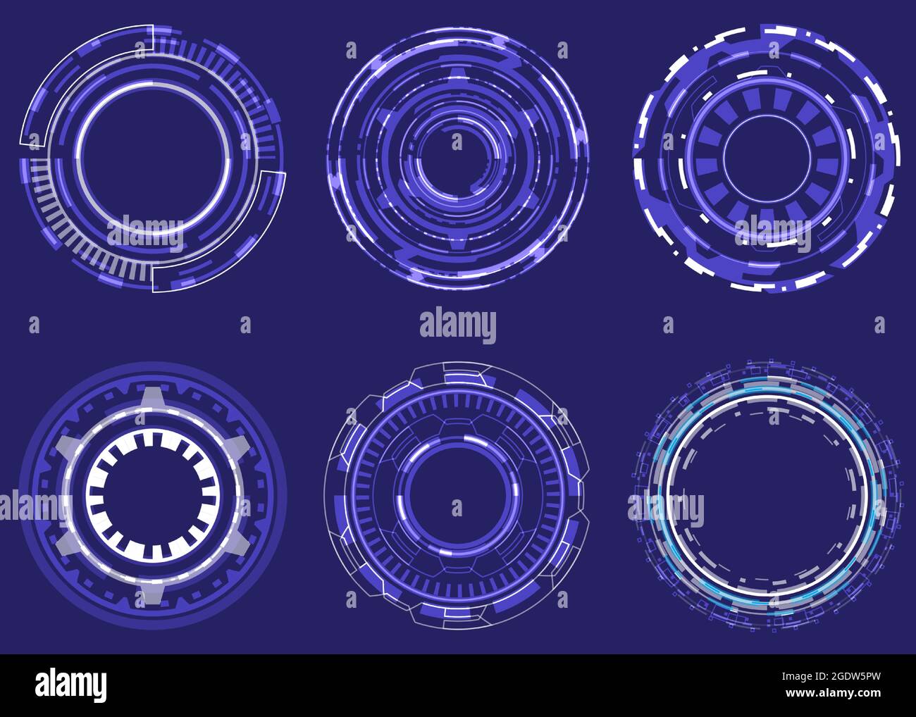 Futuristic Holographic circle of focus elements. Sci-fi round design. Military Collimator Sight. Collection of engineering HUD. Camera Viewfinder set Stock Vector
