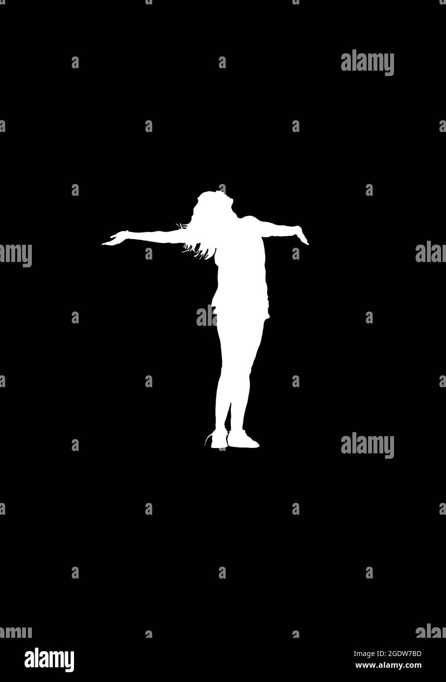 White silhouette of a female standing with the arms outstretched ...