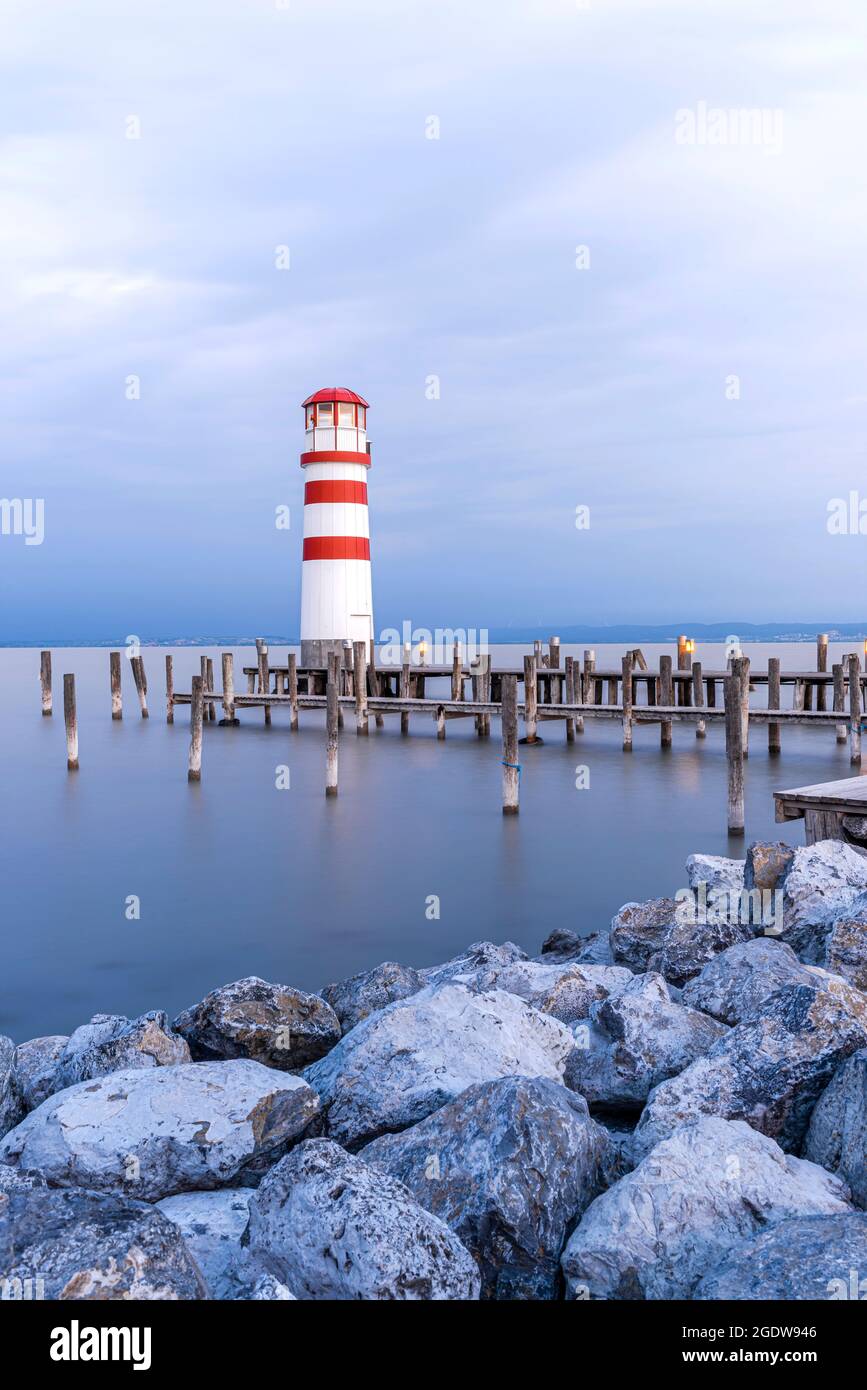 Podersdorf Lighthouse at Lake in Austria Neusiedler am See at Sunrise. Stock Photo