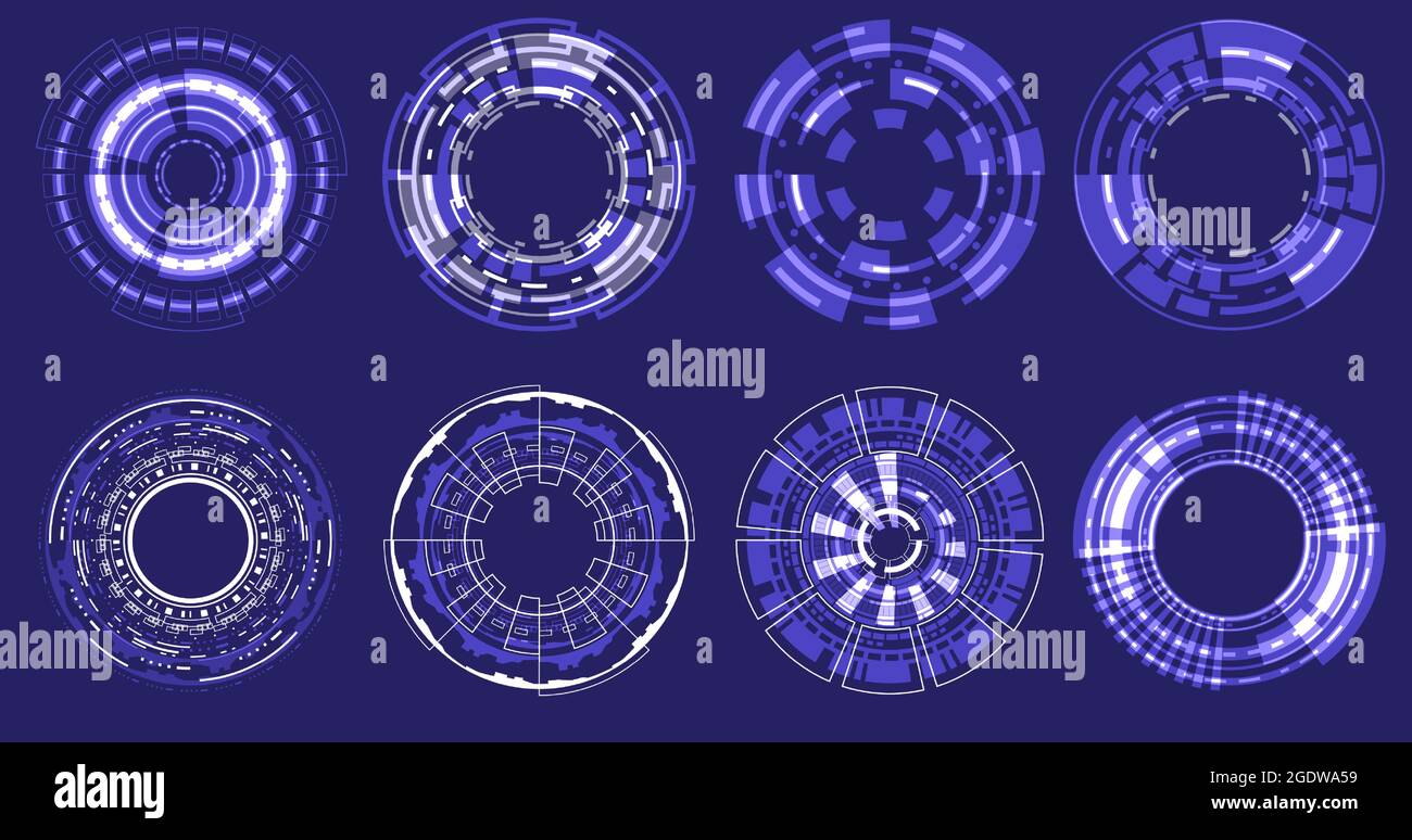 Futuristic Holographic circle of focus elements. Sci-fi round design. Military Collimator Sight. Collection HUD circuit. Camera Viewfinder set. Digita Stock Vector