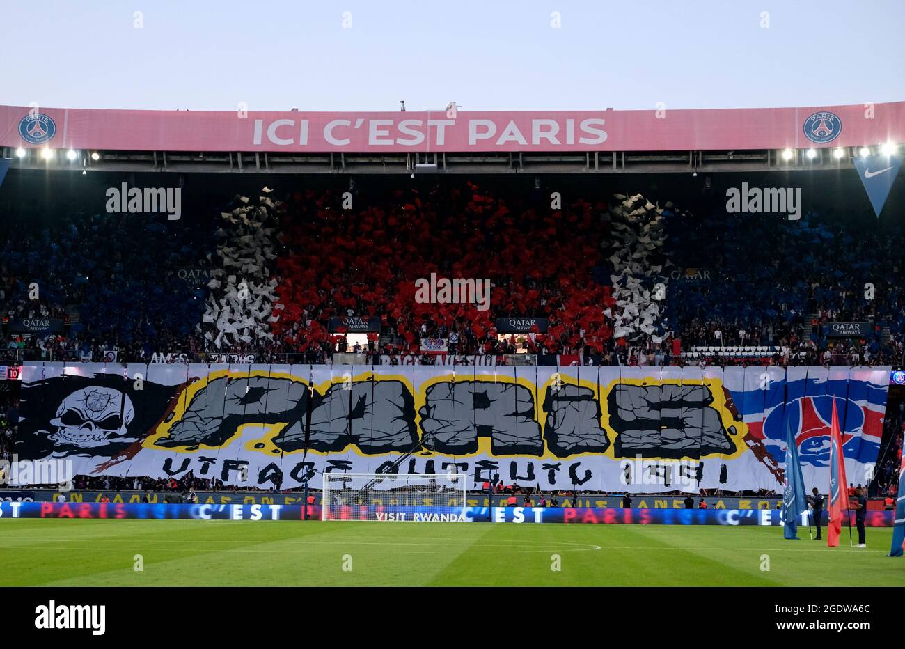 Paris, France. 15th Aug, 2021. Return of the public to the stadium after the restrictions of the COVID 19 pandemic in action during the French championship soccer, Ligue 1 Uber Eats, between Paris Saint Germain and Strasbourg at Parc des Princes Stadium - Paris France.Paris SG won 4:2 (Credit Image: © Pierre Stevenin/ZUMA Press Wire) Stock Photo