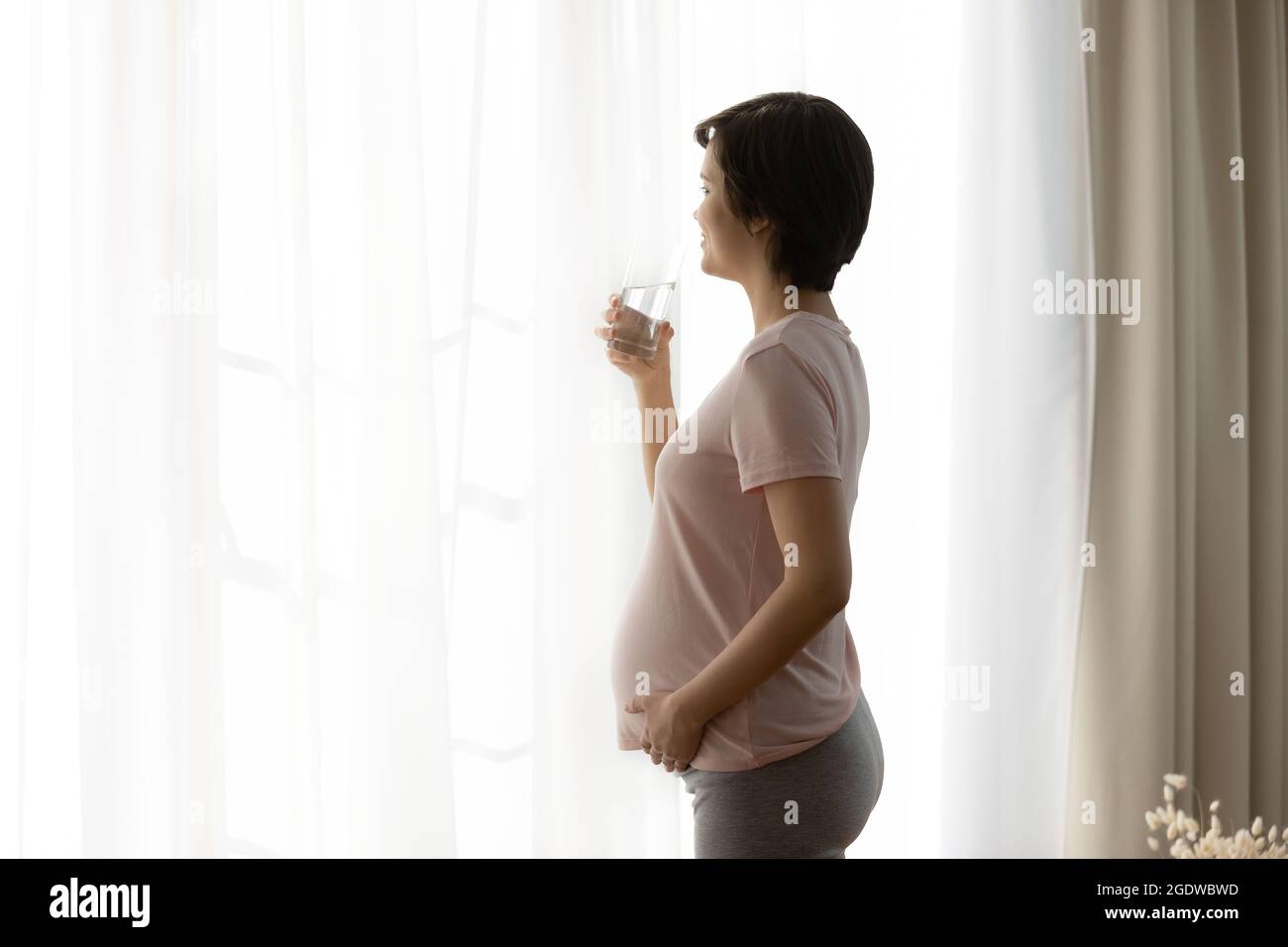Serious thoughtful expectant mother looking put of window Stock Photo