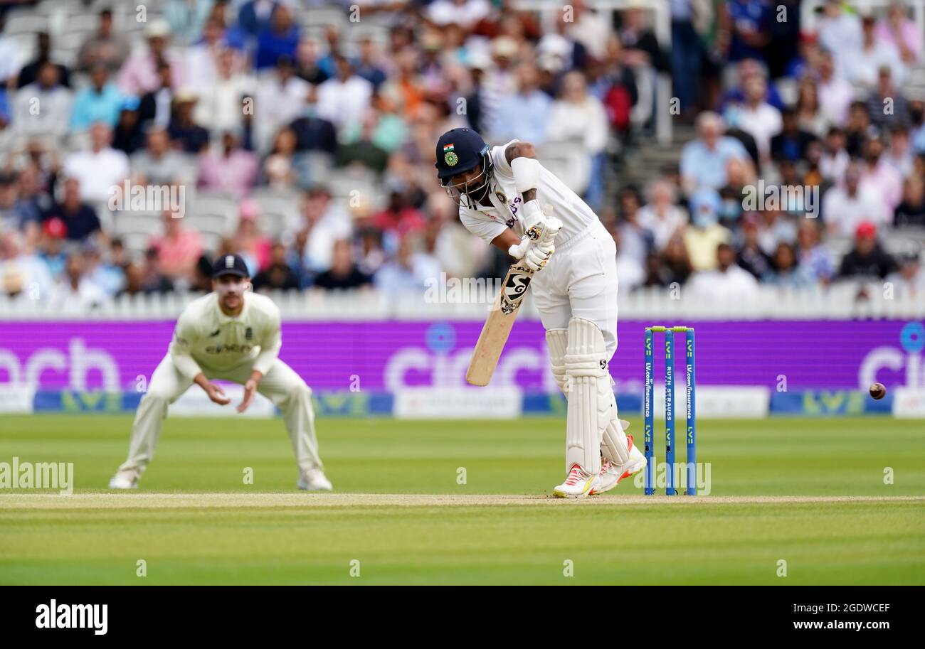 India’s KL Rahul bats during day four of the cinch Second Test match at Lord's, London. Picture date: Sunday August 15, 2021. Stock Photo