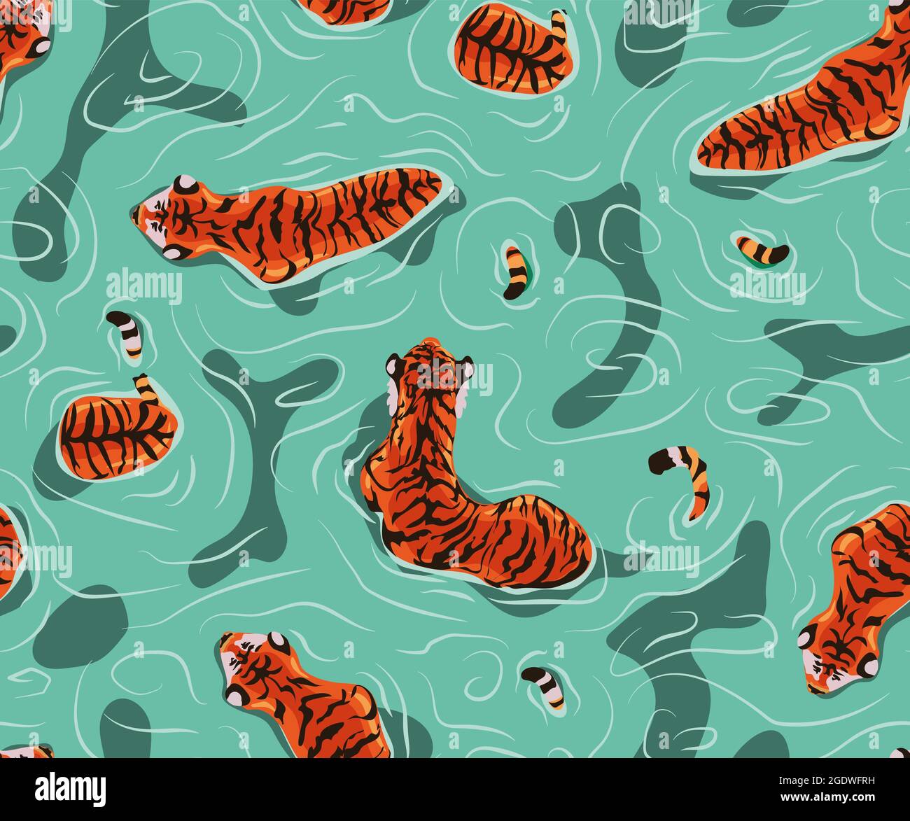 Tiger in the water. Seamless pattern with floating tiger, Big male tiger walks on the lake with a flock of tigers, orange tiger blue water Stock Vector