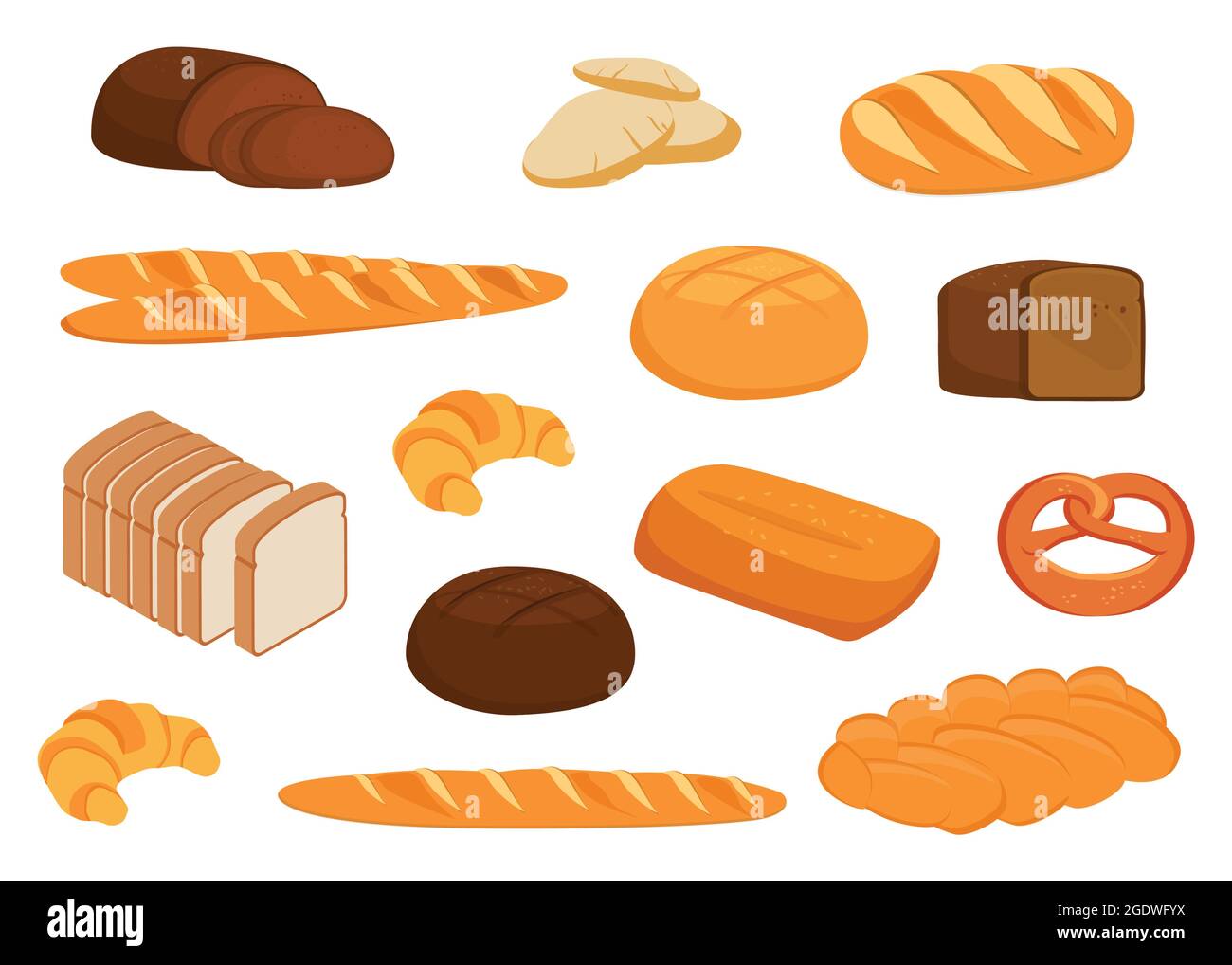 Set vector bread icons. Rye, whole grain and wheat bread, pretzel, pita ...