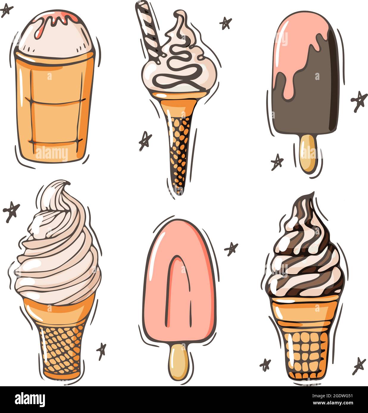 Set of ice cream icons vector doodle illustration. Kids summer collection of sunblind and in cone isolated on white Stock Vector