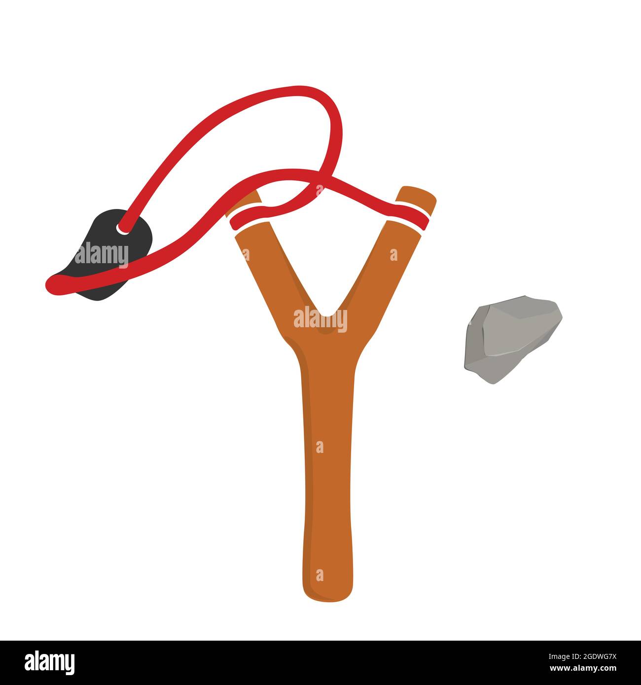 Wooden slingshot with flying stone isolated on background. Homemade