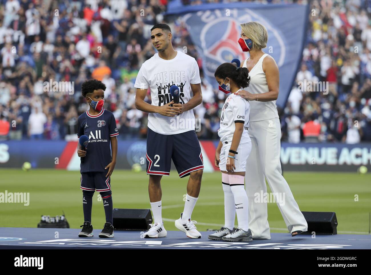 Achraf Hakimi of PSG during the new recruits' presentation ahead of the French championship Ligue 1 football match between Paris Saint-Germain and RC Strasbourg on August 14, 2021 at Parc des Princes stadium in Paris, France - Photo Jean Catuffe / DPPI Stock Photo
