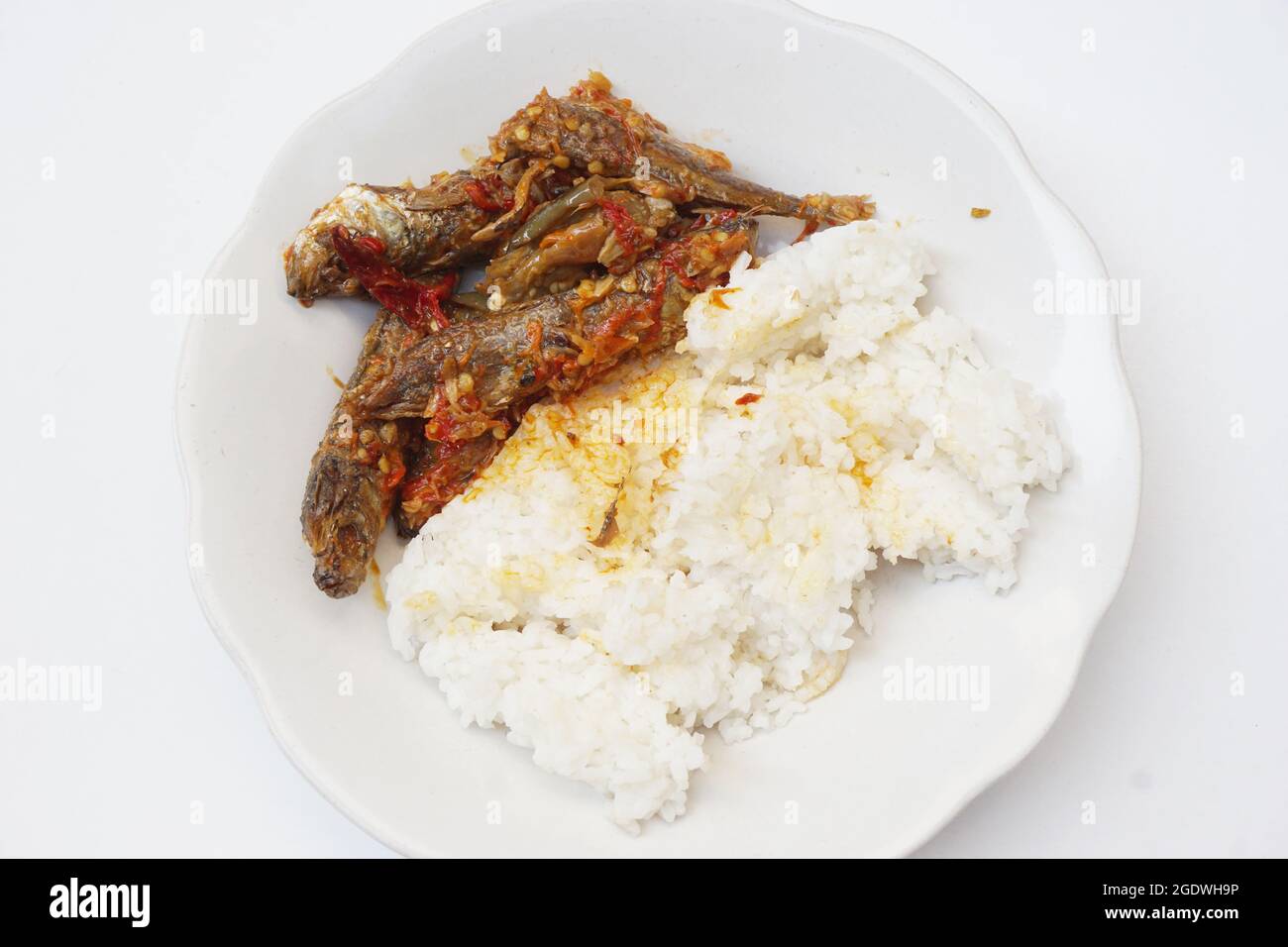 Nasi campur (mixed rice), rice with spicy pindang. Pindang is a kind of food for a side dish Stock Photo