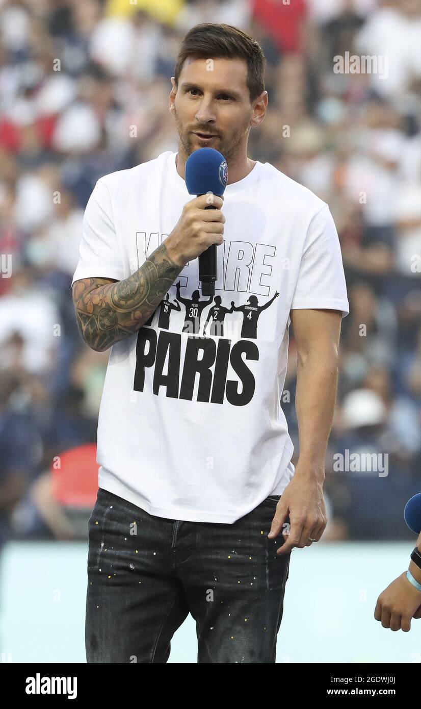 Lionel Messi during the new recruits of PSG presentation ahead of the  French championship Ligue 1 football match between Paris Saint-Germain and  RC Strasbourg on August 14, 2021 at Parc des Princes