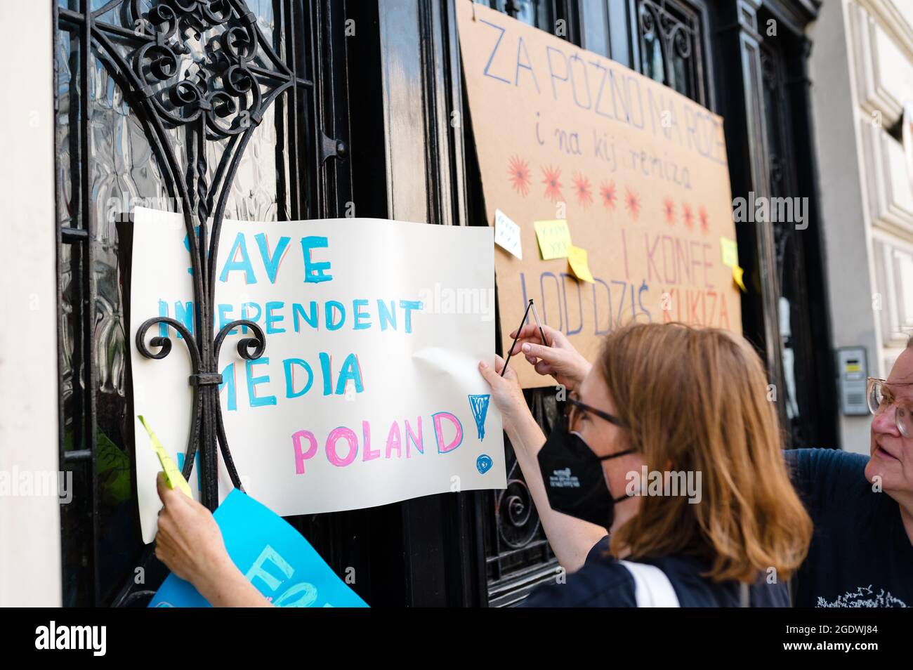 London, UK. 14 August 2021. Polish supporters gather outside the Embassy of Poland against a new bill to silence independent television broadcasters Stock Photo