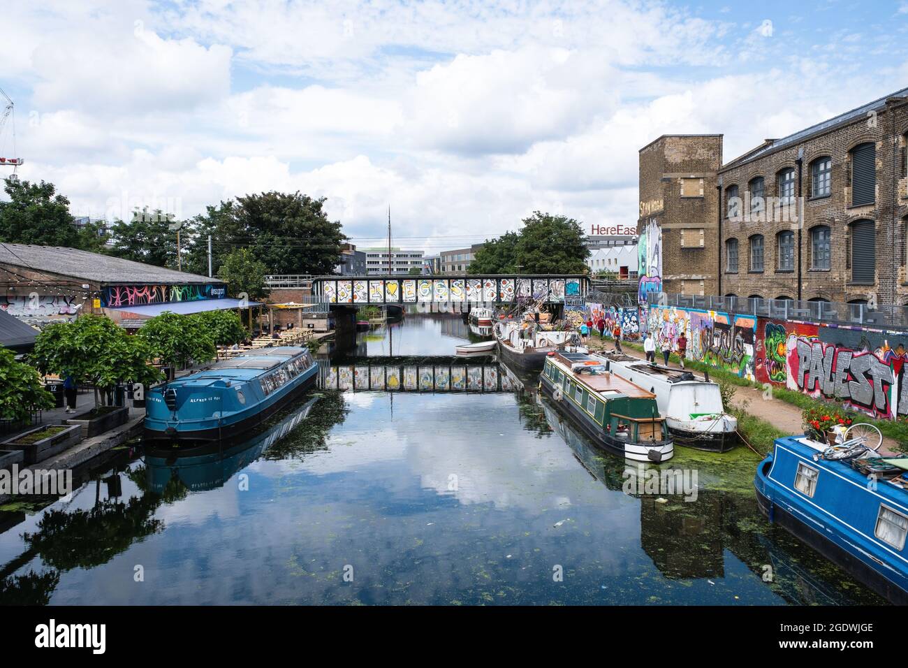 Boats on the River Lea Navigation canal, Hackney Wick, East London UK, Stock Photo