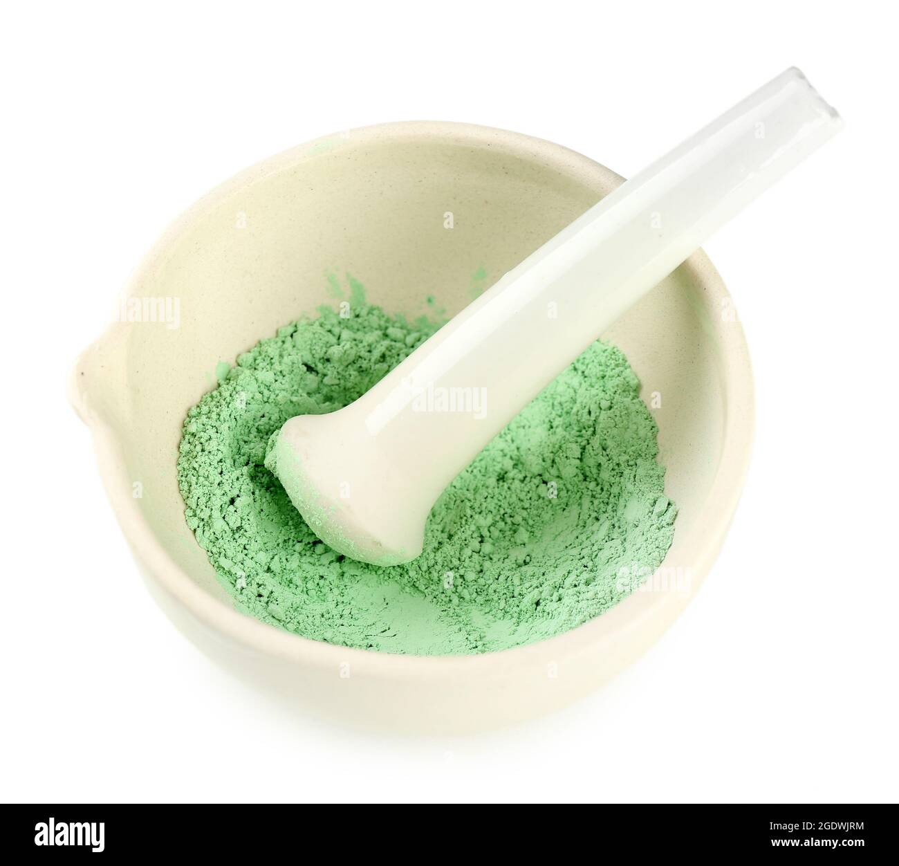 Laboratory pestle in mortar with ground material, isolated on white