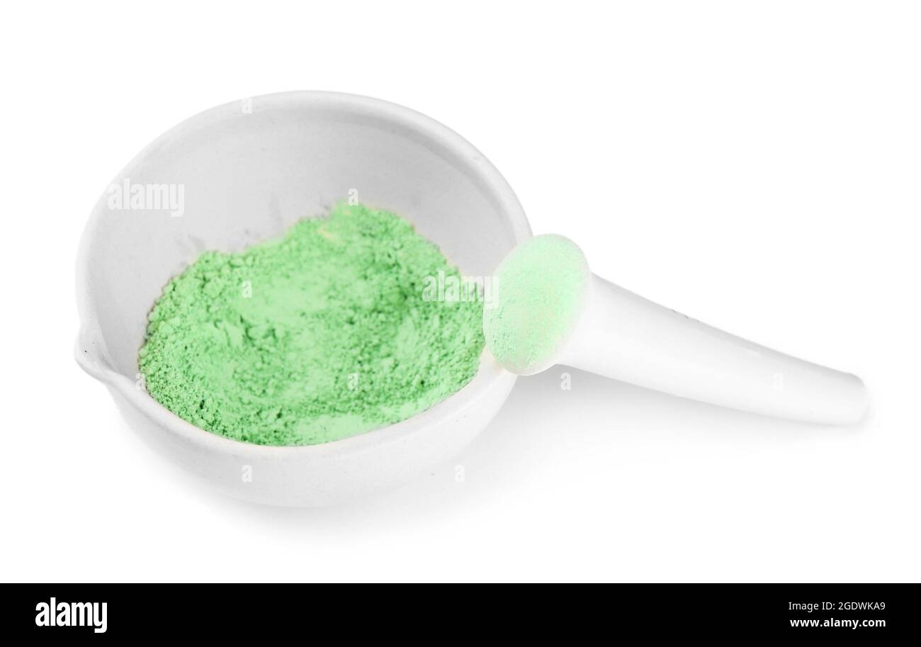 Laboratory pestle in mortar with ground material, isolated on white