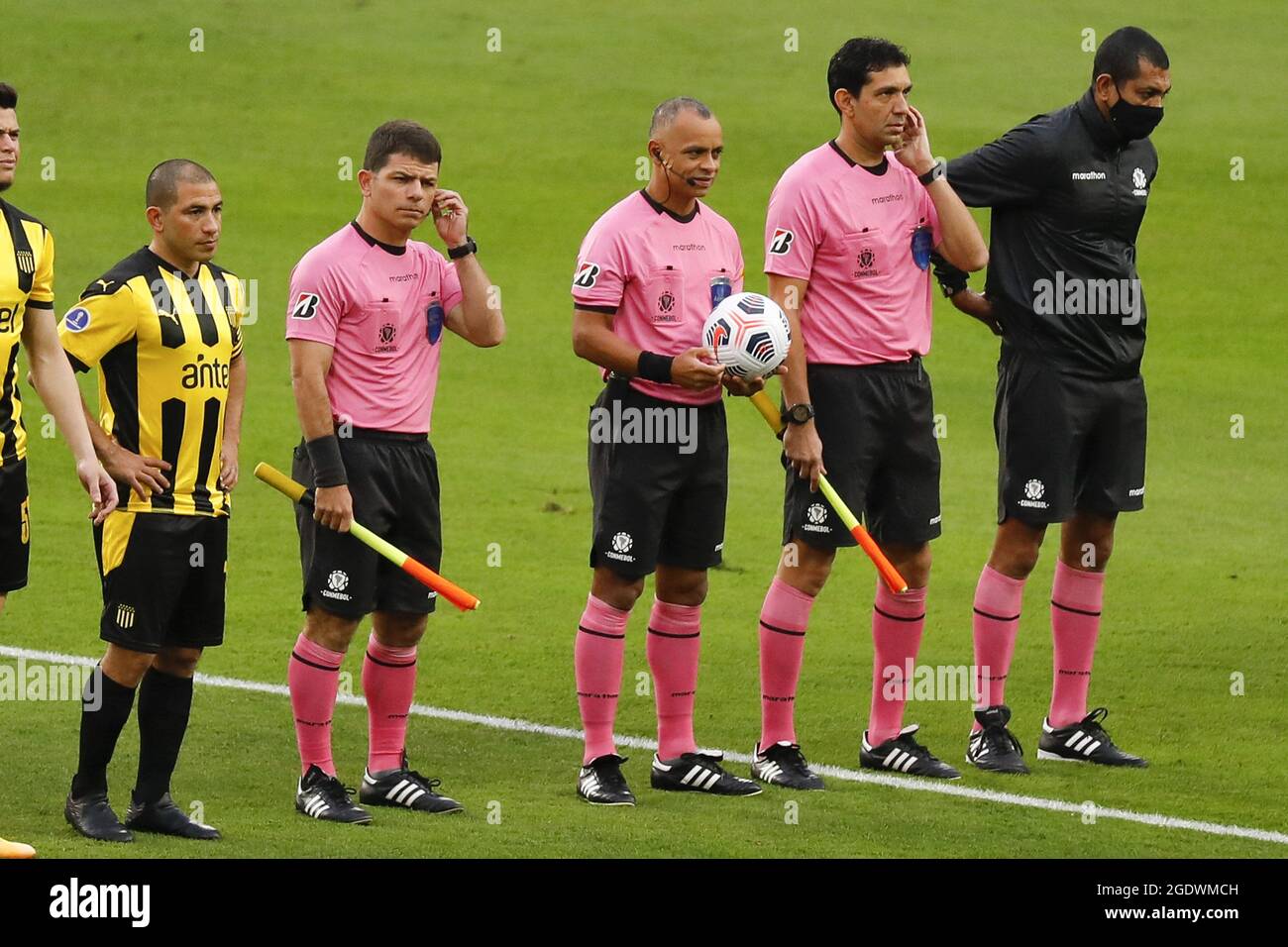 Lima, Peru. 11th Aug, 2021. Referee Wilton Pereira Sampaio (BRA), and his Assistants Fabricio Vilarinho da Silva and Bruno Boschillia (BRA) during the CONMEBOL Copa Sul -Americana quarter final football match between Sporting Cristal (PER) v Penarol (URU) at the Estadio Nacional del Peru in Lima, Peru. Penarol won the game 1-3 with goals by Alvarez (8'), Torres (19') and Gargano (90 5') with Merlo (90') scoring for Sporting. Credit: SPP Sport Press Photo. /Alamy Live News Stock Photo