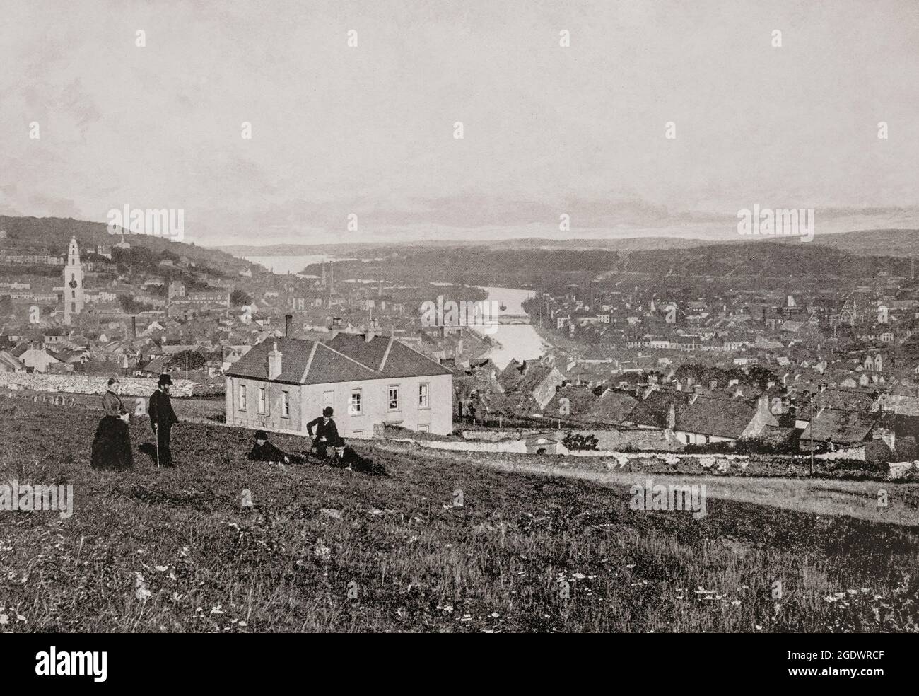 A late 19th century overview of Cork City, the second largest city, located in the south-west of Ireland. To the left is St Annes Shandon church tower and centre the River Lee crossed by St Patrick's Bridge. Stock Photo