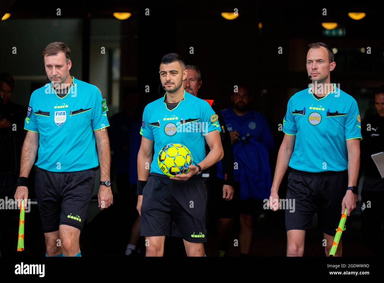 Viborg, Denmark. 13th, August 2021. Referee Aydin Uslu enters the pitch for the 3F Superliga match between Viborg FF and Randers FC at Energy Viborg Arena in Viborg. (Photo credit: Gonzales Photo - Balazs Popal). Stock Photo