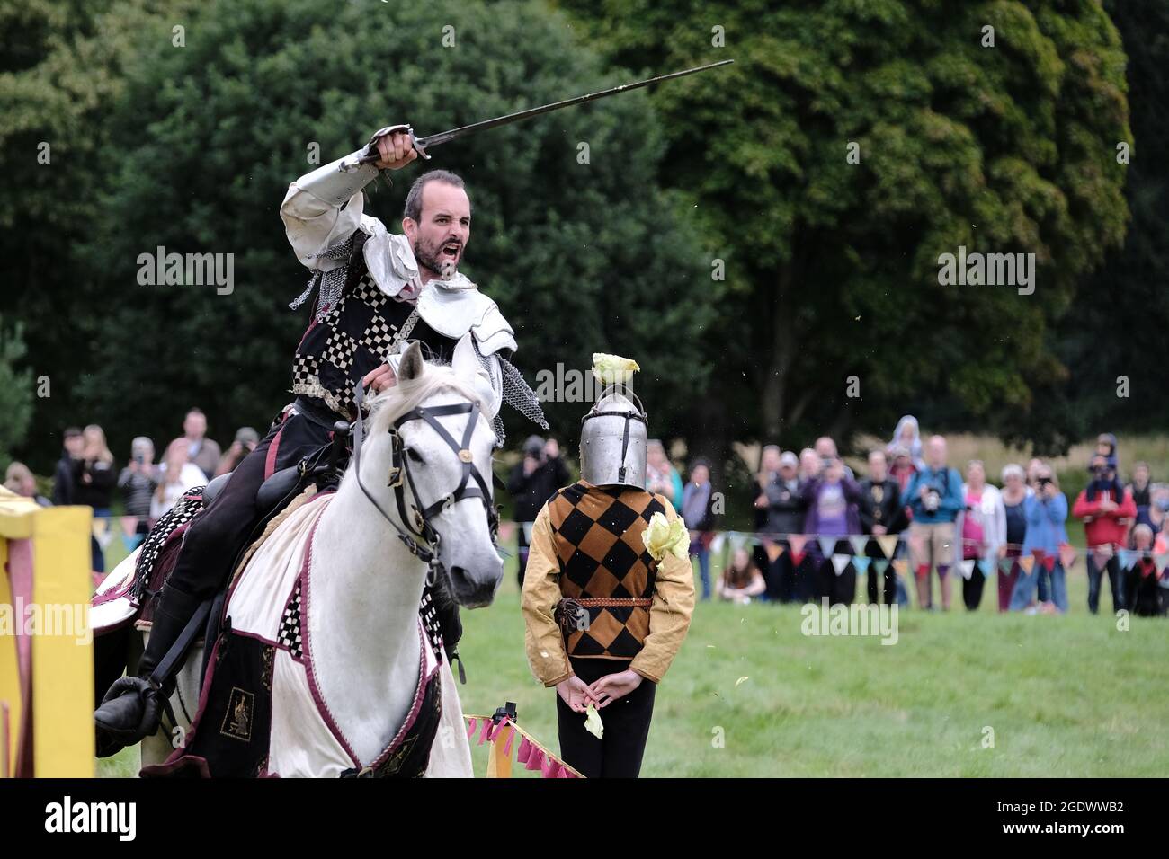 Melrose, UK. 15th Aug, 2021. Les Amis, jousting knights & horsemanship display from the medieval period, in tribute to Sir Walter Scotts 'Ivanhoe' The inaugural festival, ScottFest 2021, is being held at Abbotsford, Scott's home in the Scottish Borders, over the legendary author's 250th birthday weekend, Saturday August 14th and Sunday August 15th. Credit: Rob Gray/Alamy Live News Stock Photo