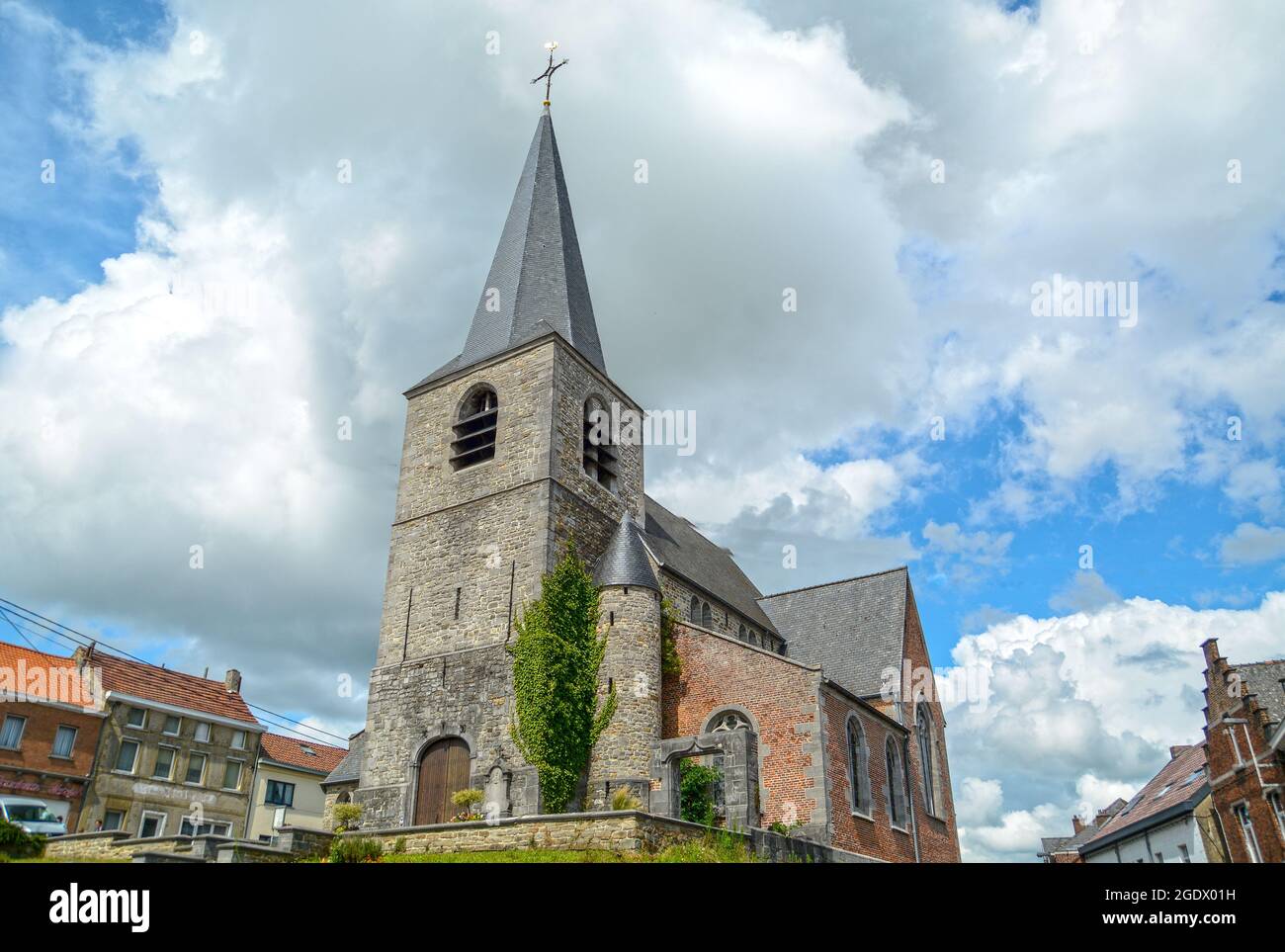 Village Ronquières in Wallonia, old church in centre, Belgium Stock Photo