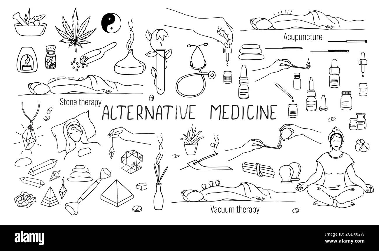 A set of isolated vector illustrations on the topic of Alternative medicine in the doodle style. Aroma, Stone therapy , Vacuum therapy, Acupuncture th Stock Vector