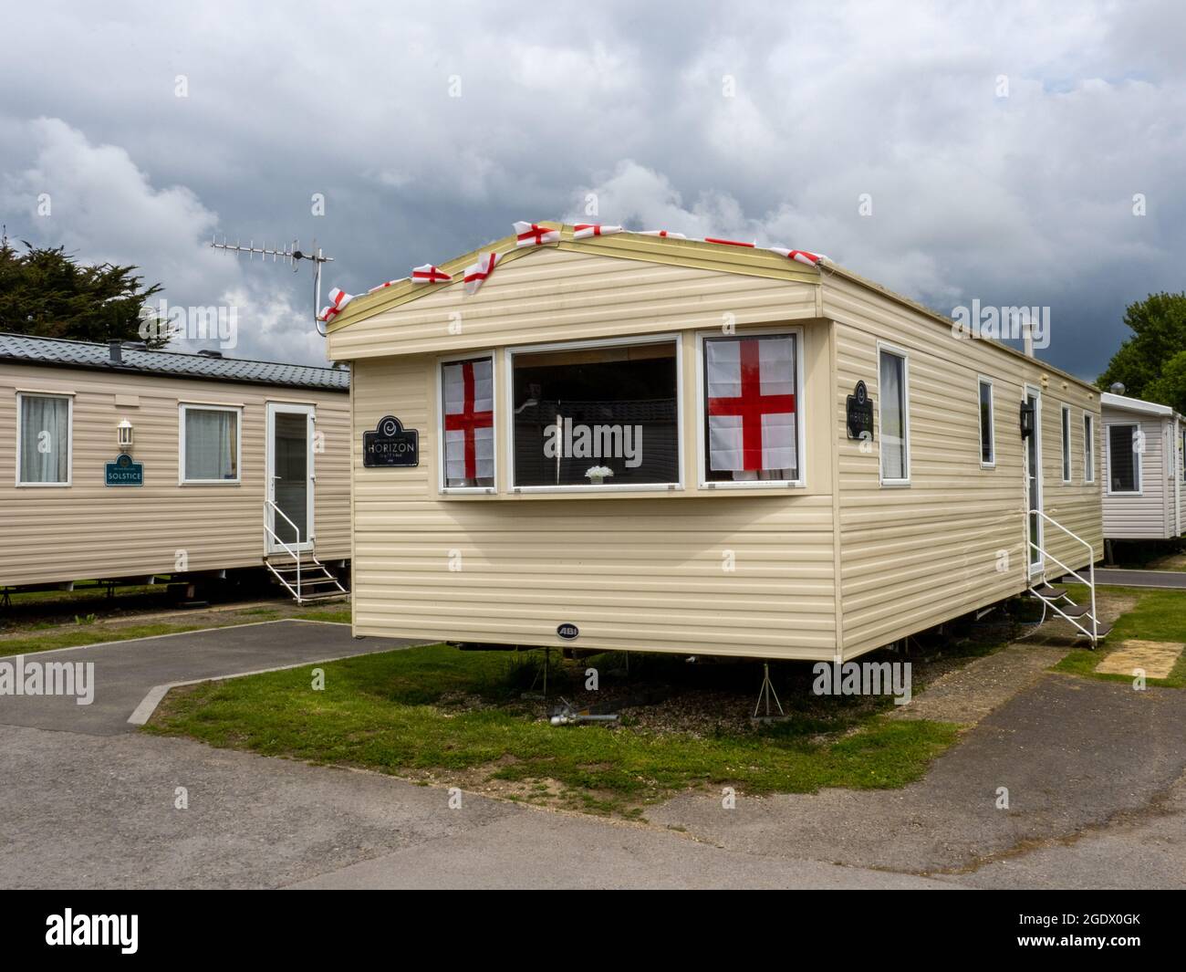 A caravan at HAven Weymouth Bay Holiday Park decorated with England