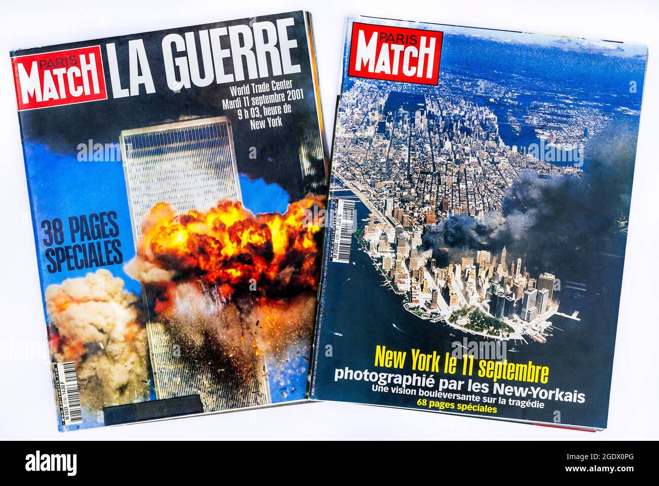 French 'Paris Match' magazine covers reporting the 9/11 terror attack on the World Trade Center, New York, USA on September 11, 2001. Stock Photo