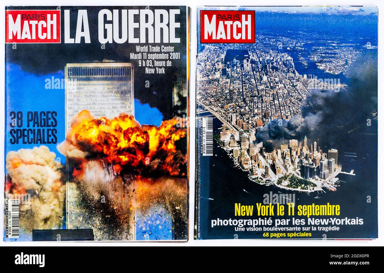 French 'Paris Match' magazine covers reporting the 9/11 terror attack on the World Trade Center, New York, USA on September 11, 2001. Stock Photo