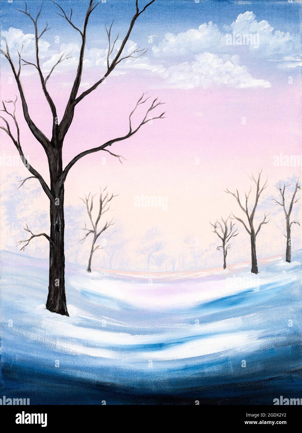 Naive style oil painting of a beautiful rural winter landscape with trees,  snow, and cloudy skies. Christmas Holiday concept Stock Photo - Alamy, image size:971x1390