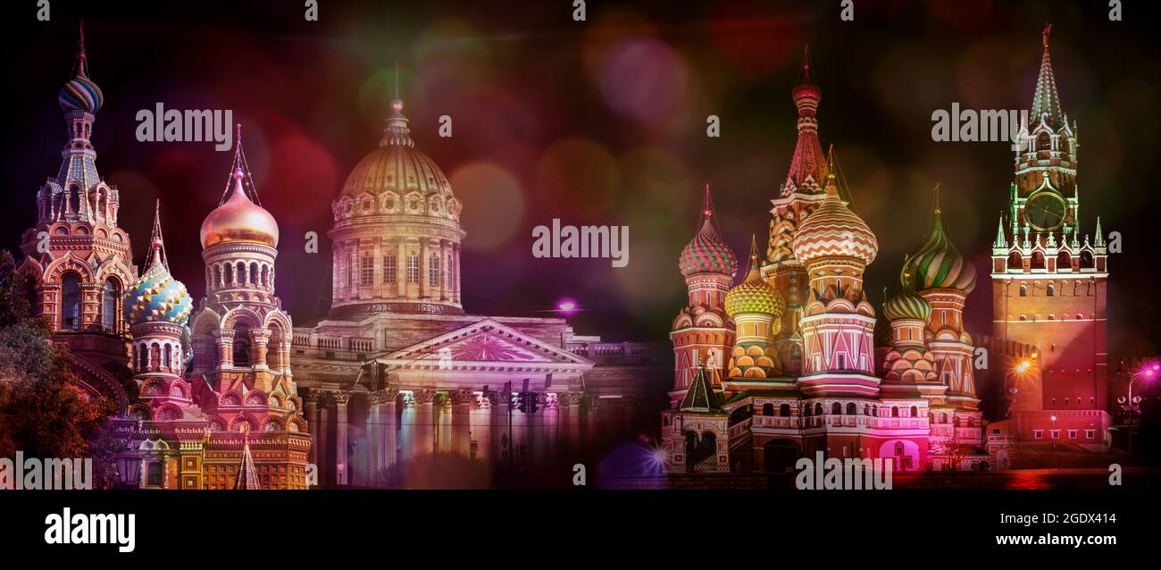 Collage panorama of the Red Square Moscow, and Saint Petersburg church of the savior on blood and Kazan cathedral at night, with bokeh colorful spots. Stock Photo