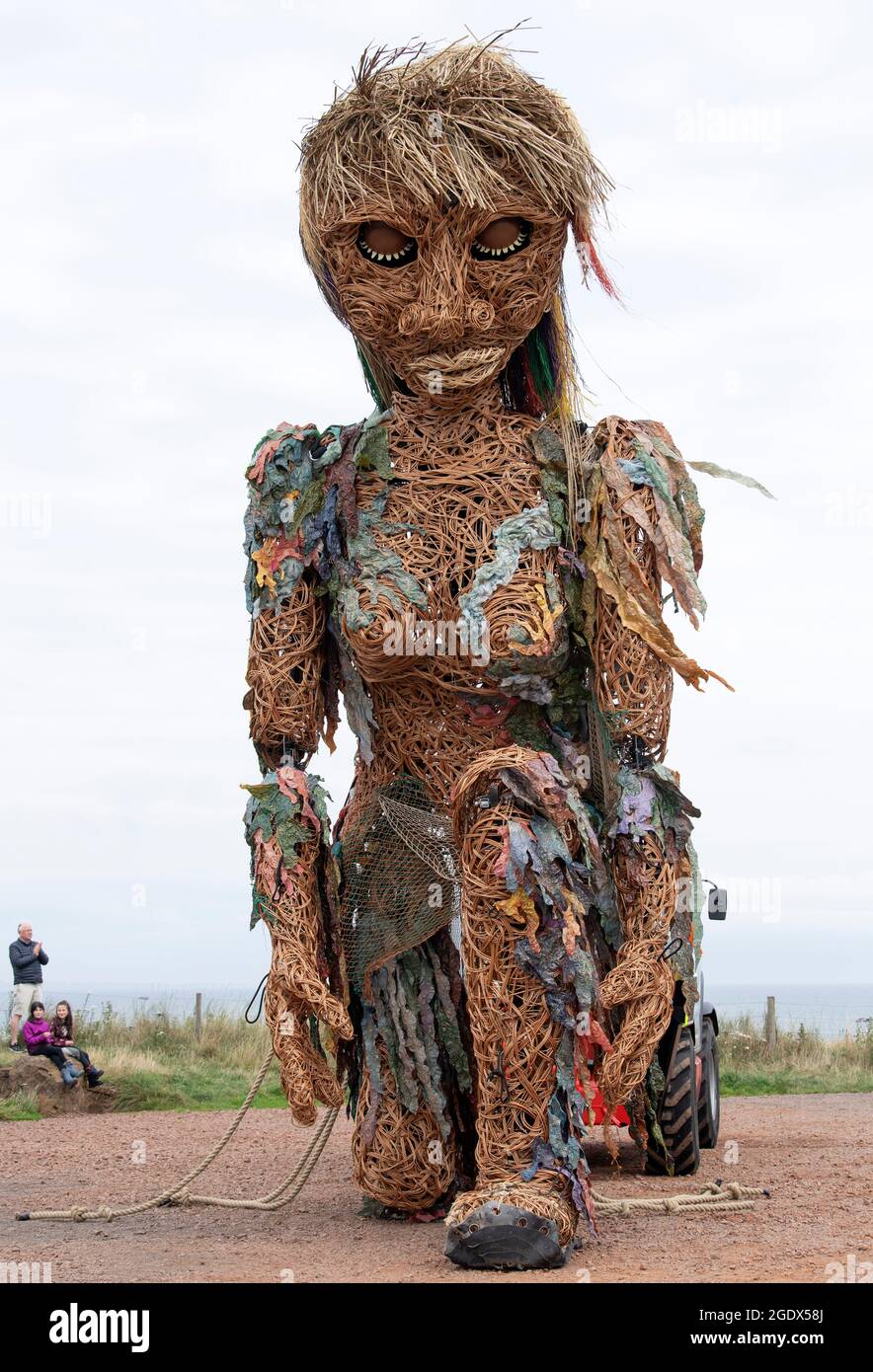 Storm, a ten-metre tall puppet of a mythical goddess of the sea created by Edinburgh-based visual theatre company Vision Mechanics, on the seafront at North Berwick, East Lothian, during a performance at the Fringe By The Sea festival. Picture date: Sunday August 15, 2021. Stock Photo