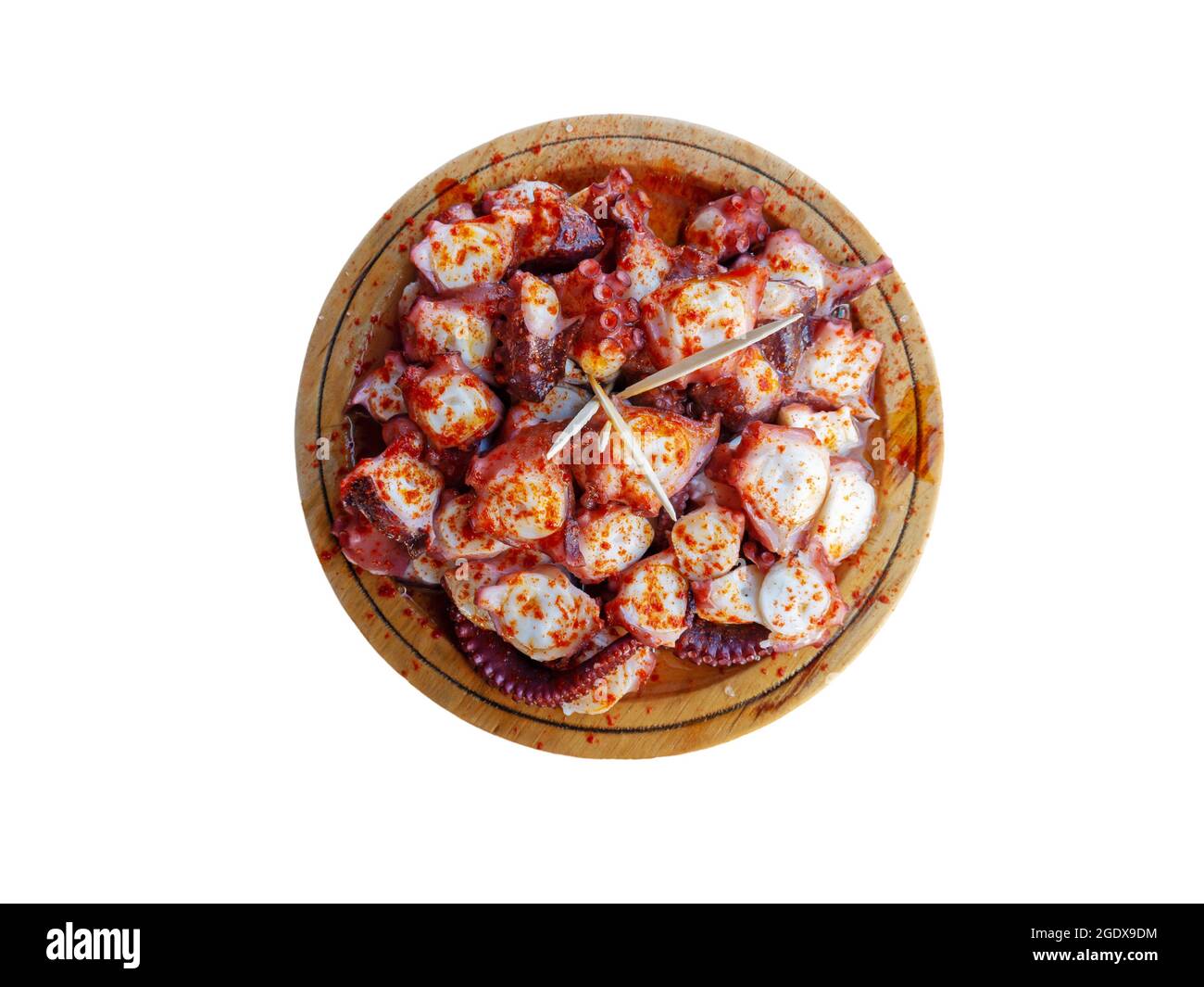 Polbo a feira meaning fair-style octopus in gallego or pulpo a la gallega in Spanish meaning Galician-style octopus a traditional Galician dish. Isola Stock Photo