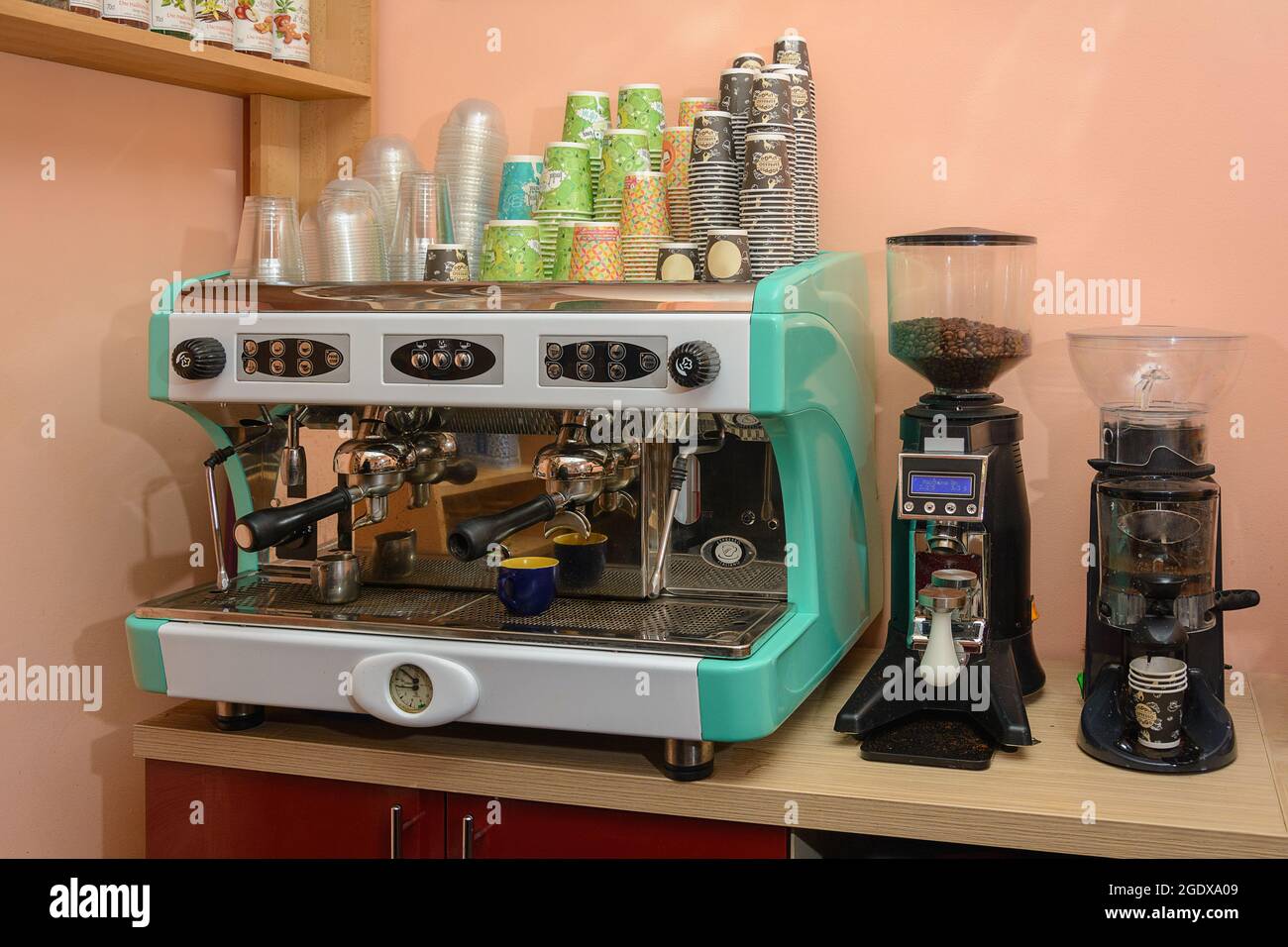 Coffee making equipment in a private cafe Stock Photo Alamy