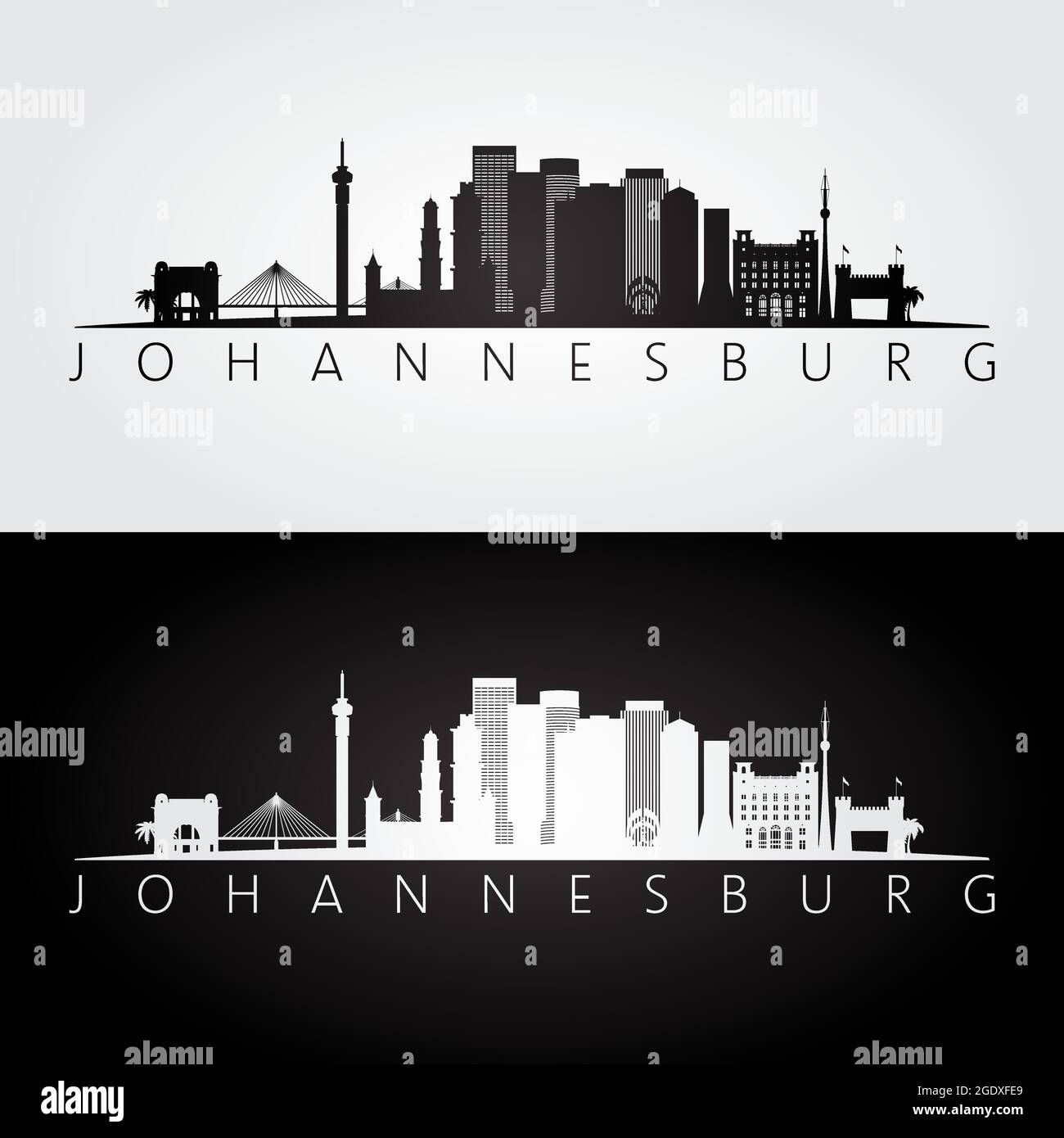 Johannesburg skyline and landmarks silhouette, black and white design